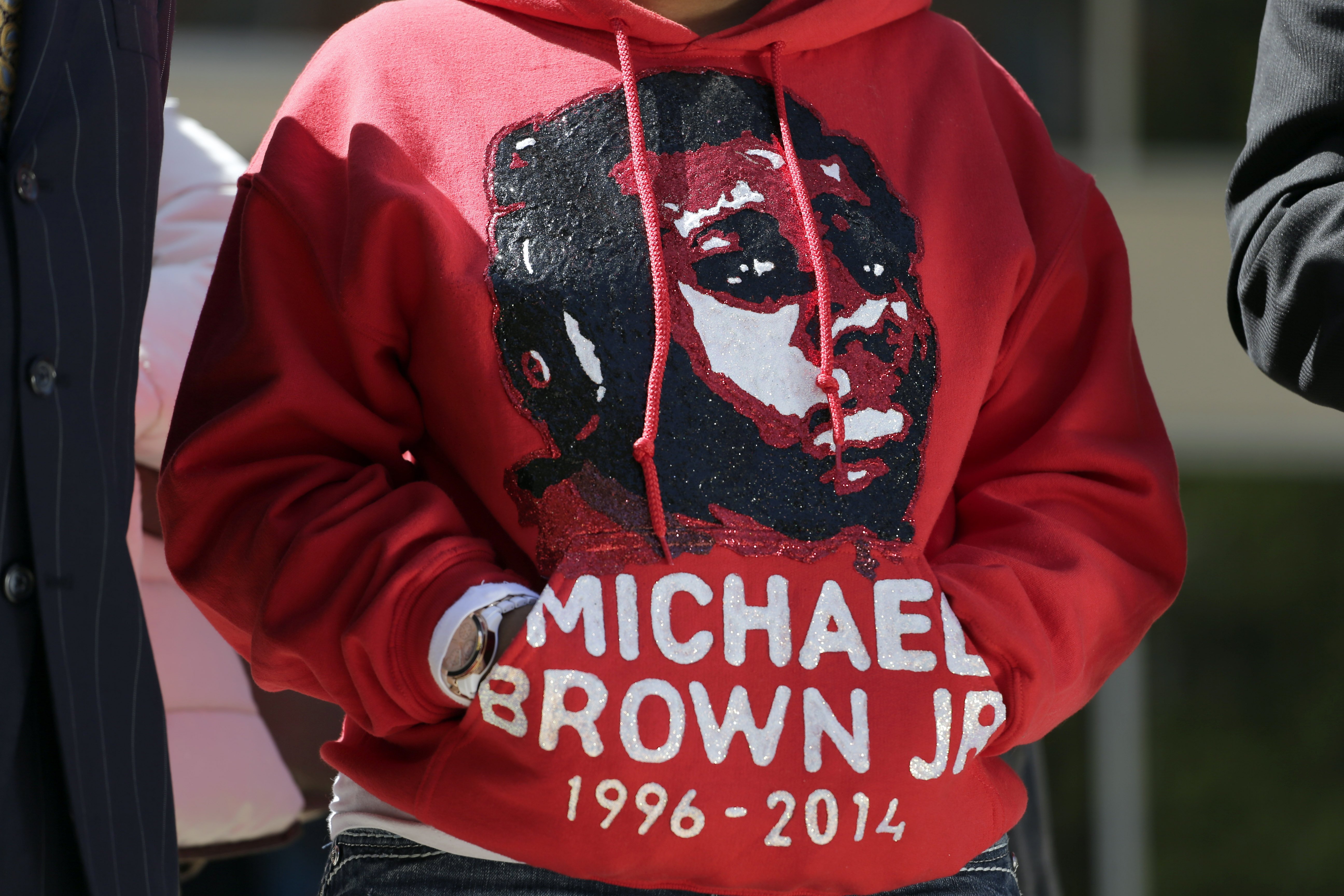 Lesley McSpadden, the mother of Michael Brown, wears a sweatshirt remembering her son during a news conference in Clayton, Mo. on April 23, 2015.