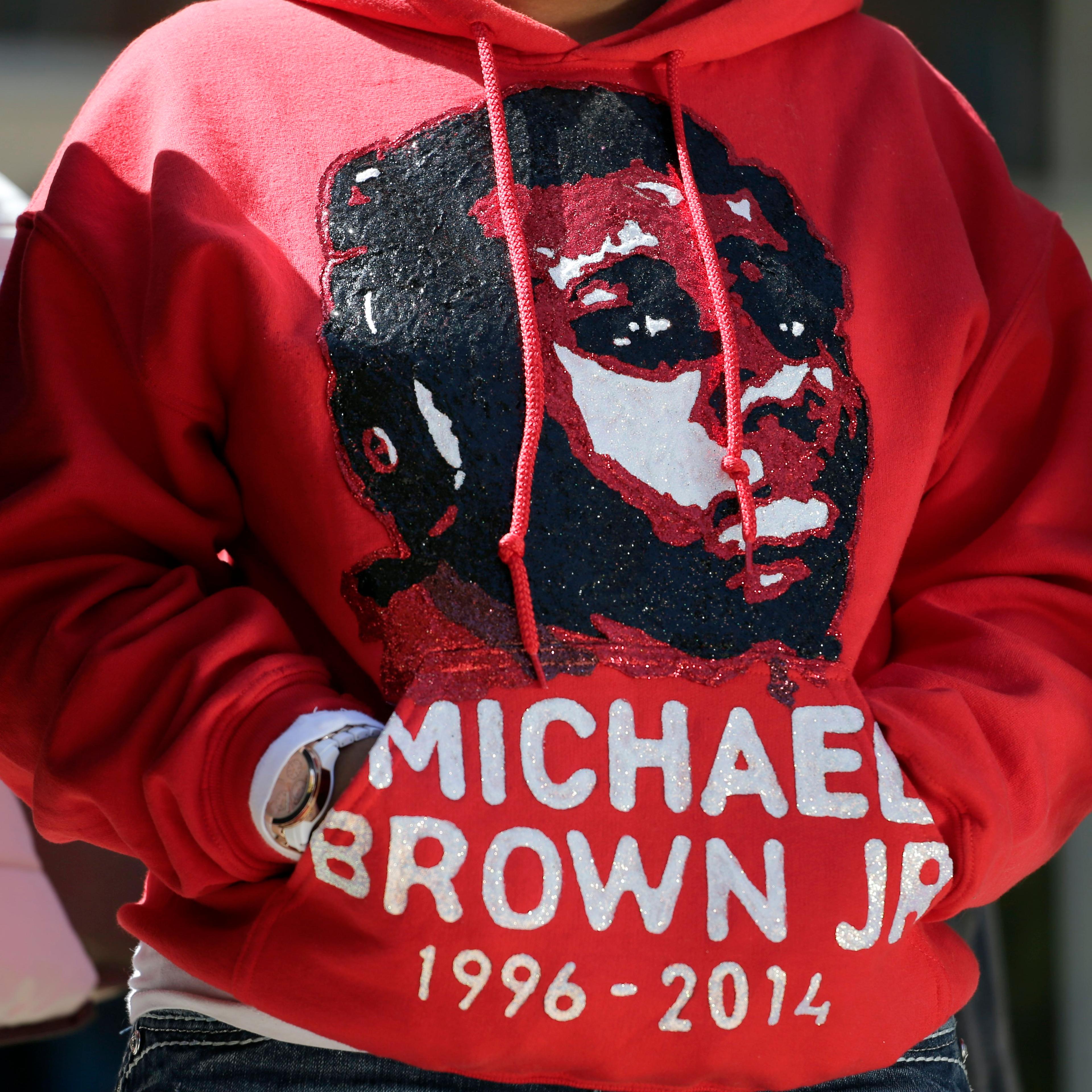 Lesley McSpadden, the mother of Michael Brown, wears a sweatshirt remembering her son during a news conference in Clayton, Mo. on April 23, 2015.