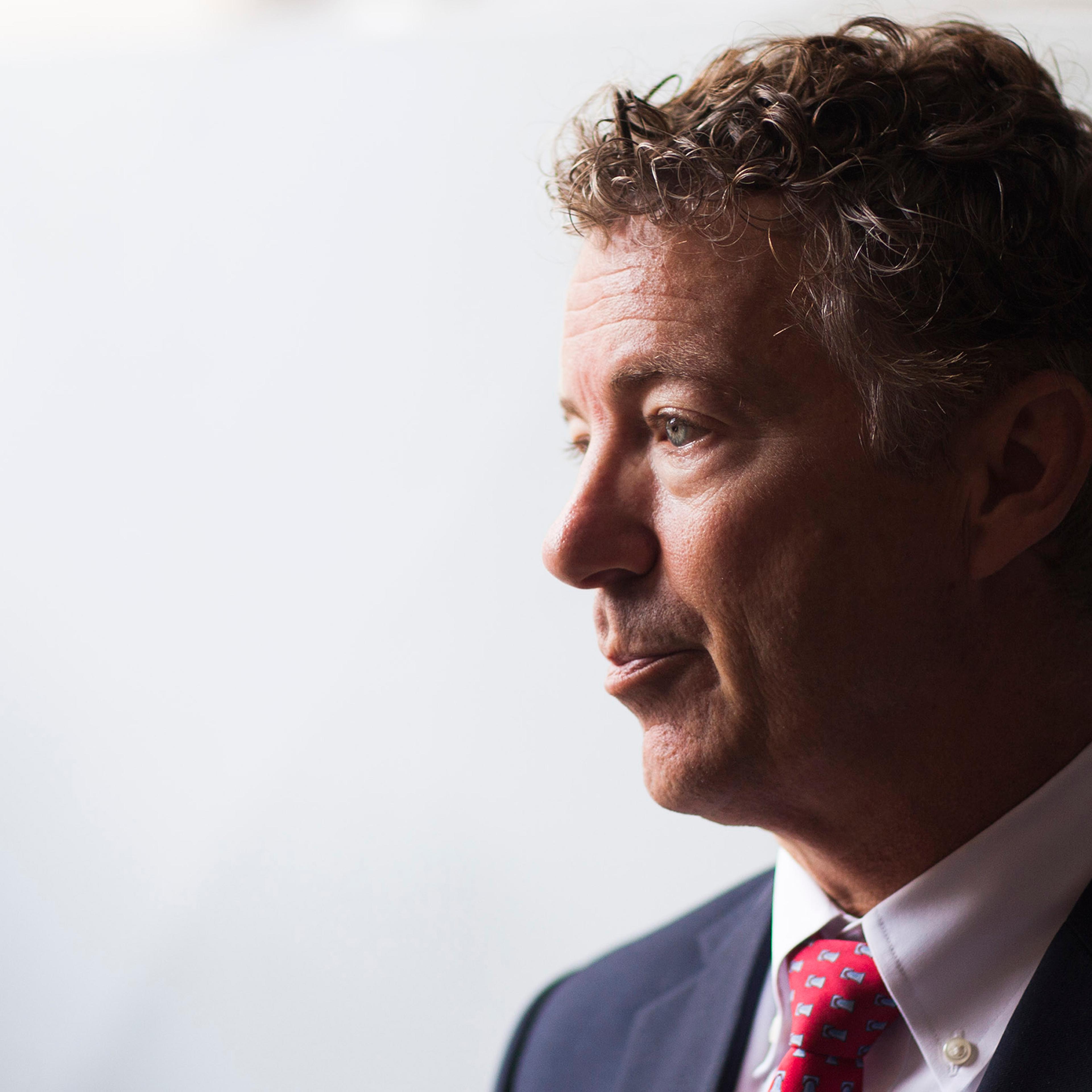 Sen. Rand Paul answers questions from the media after speaking to students at Western Kentucky University on Monday, Oct. 3, 2016, in the Grise Hall auditorium in Bowling Green, Ky.