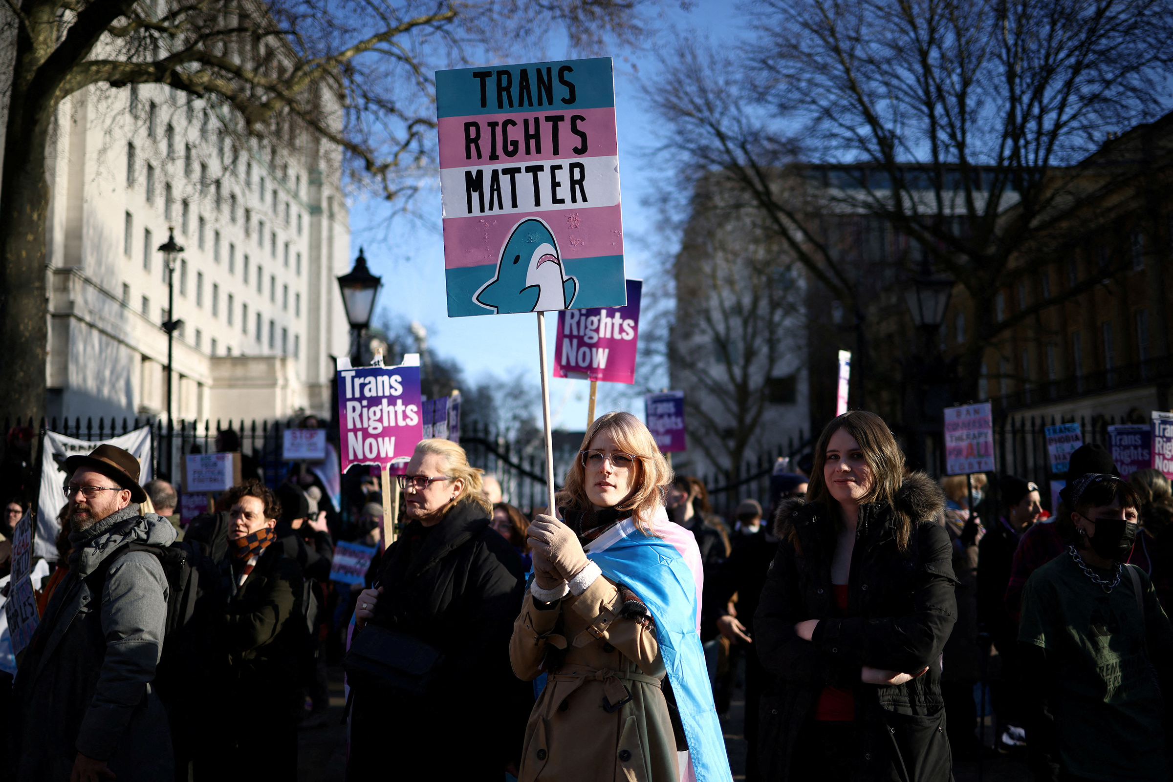 Transgender rights supporters protest in favour of Scottish gender reform bill outside Downing Street in London on Jan. 21. 