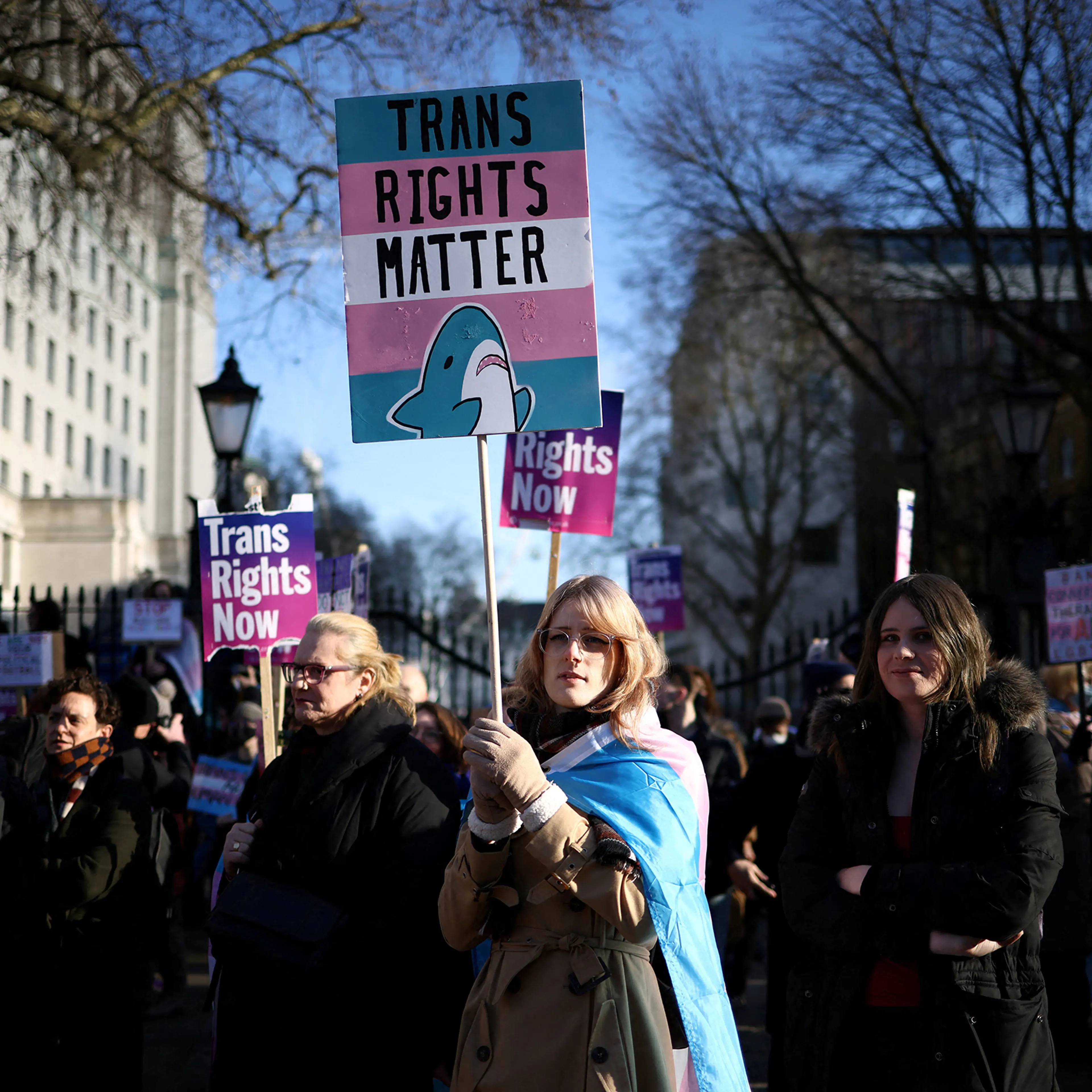 Transgender rights supporters protest in favour of Scottish gender reform bill outside Downing Street in London on Jan. 21.