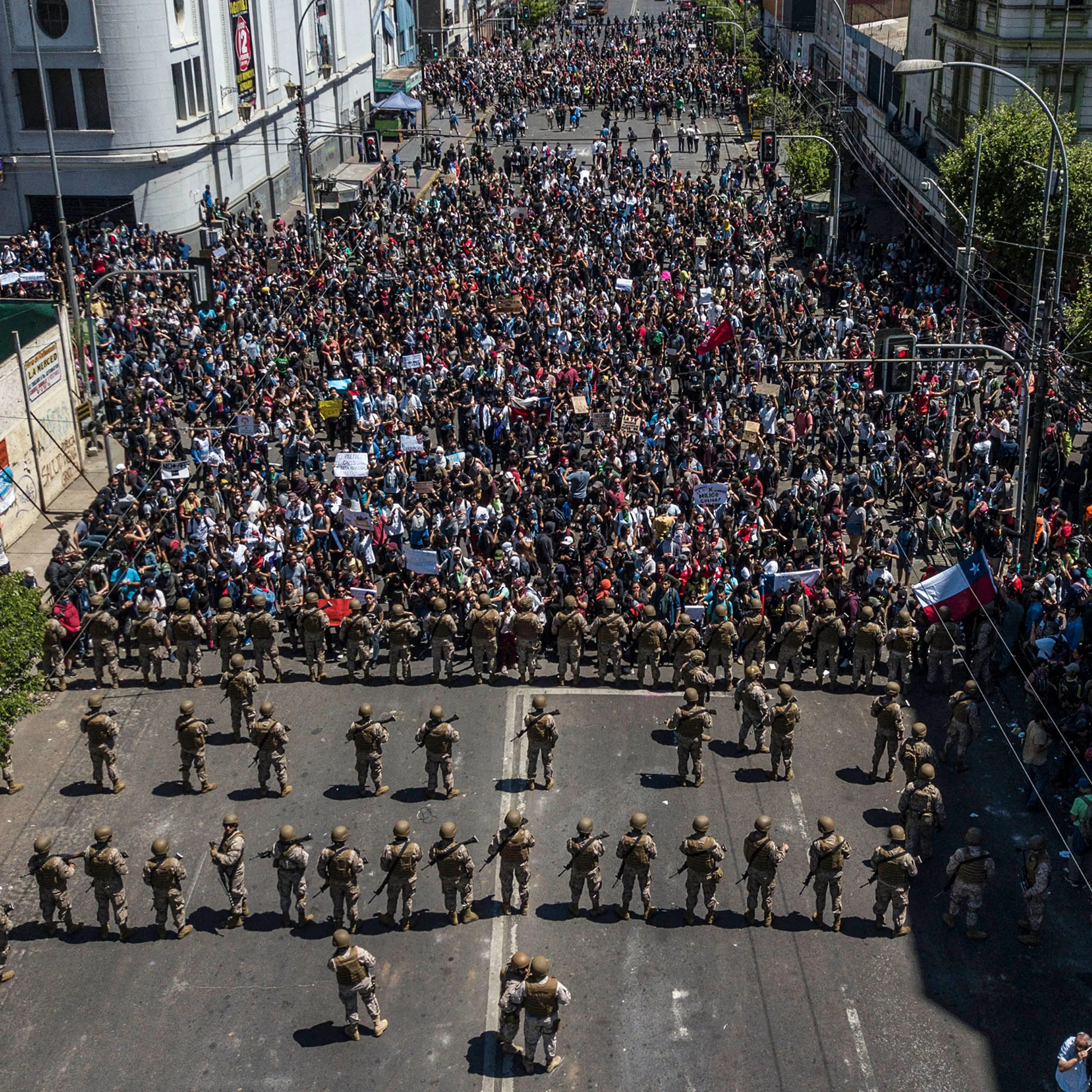 Aerial view of demonstrators during the fifth straight day of protests against a now suspended hike in metro ticket prices in Valparaiso Chile, on Oct.r 22, 2019.
