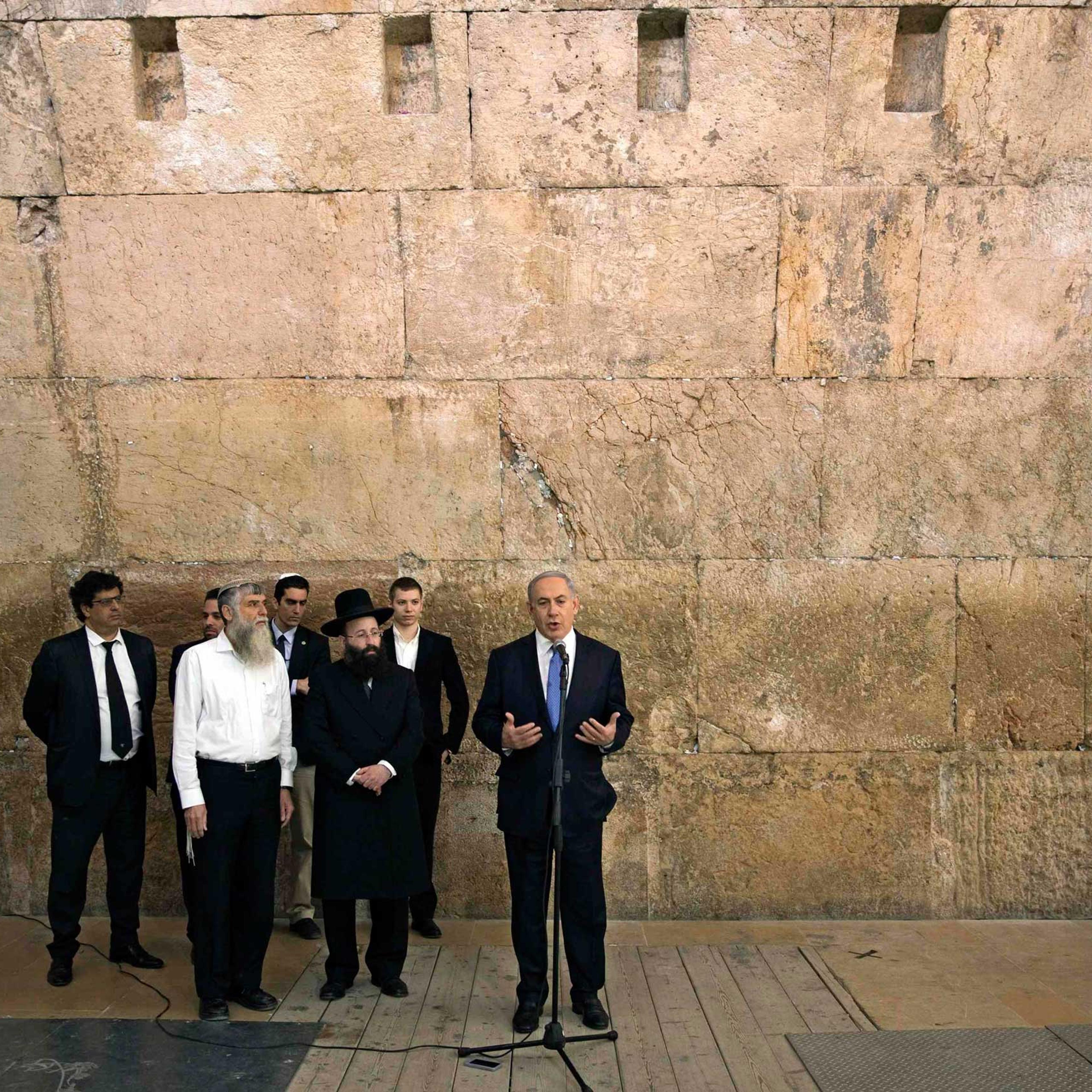 Israel's Prime Minister Benjamin Netanyahu gives a statement to the media in front of the Western Wall, in Jerusalem's Old City, March 18, 2015.