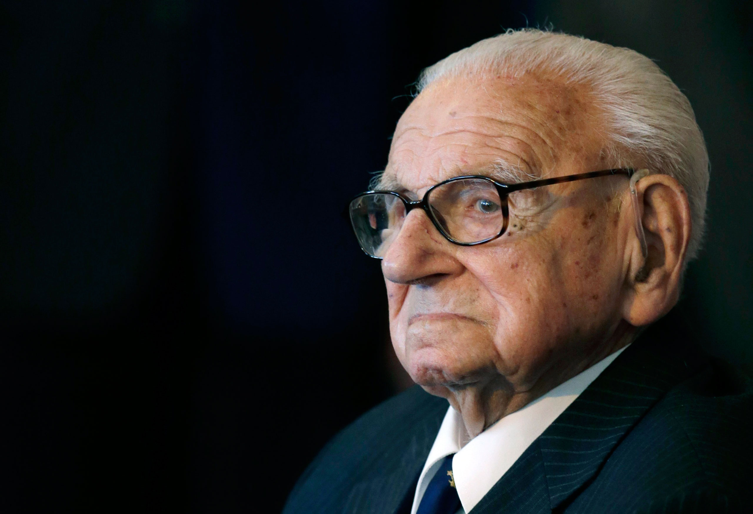 An Oct. 28, 2014 file photo of the then 105 year-old Sir Nicholas Winton waiting to be decorated with the highest Czech Republic's decoration, The Order of the White Lion at the Prague Castle in Prague, Czech Republic. Winton, a humanitarian who almost s