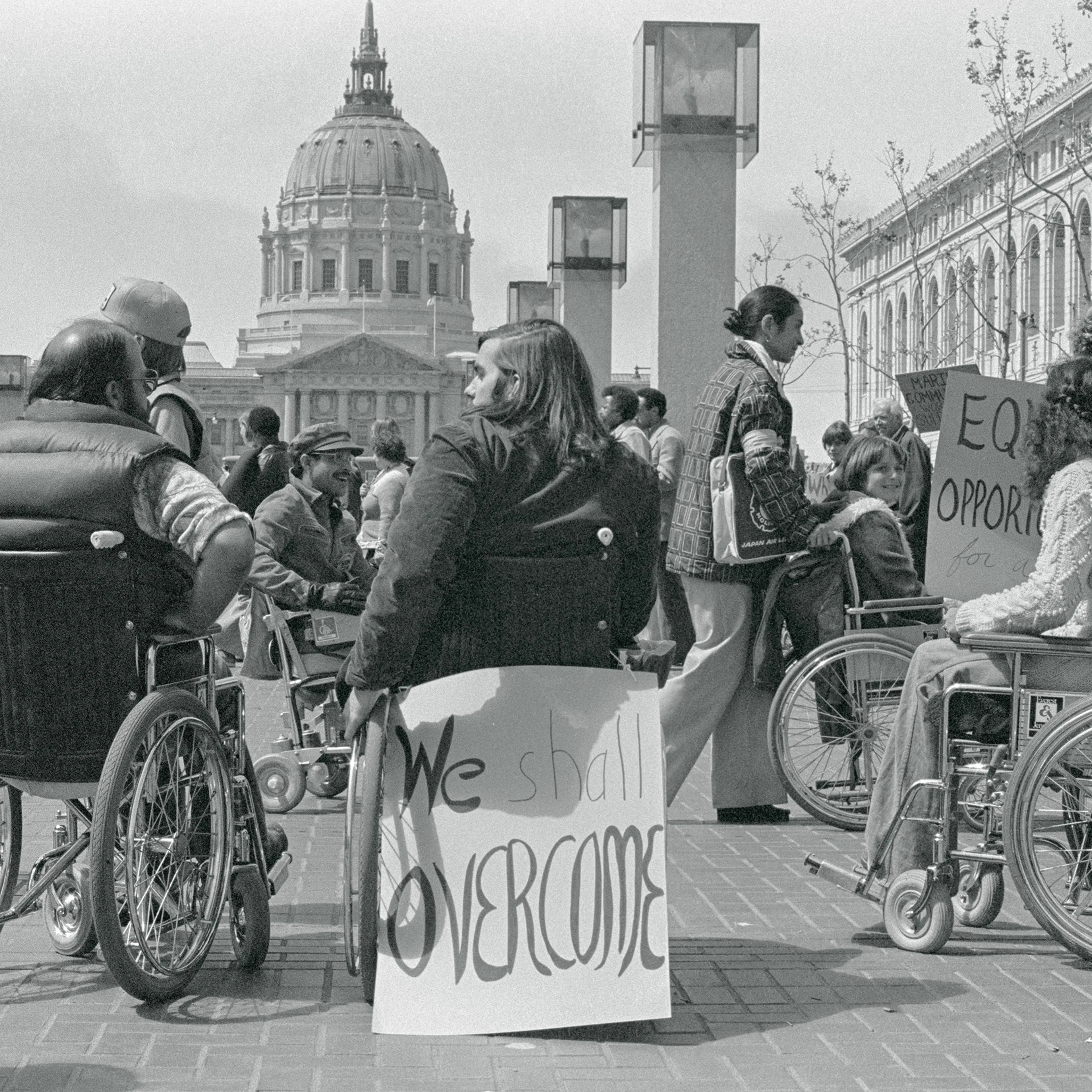 View of activists participating in a 'Section 504' demonstration in UN Plaza, San Francisco, California, April 5, 1977