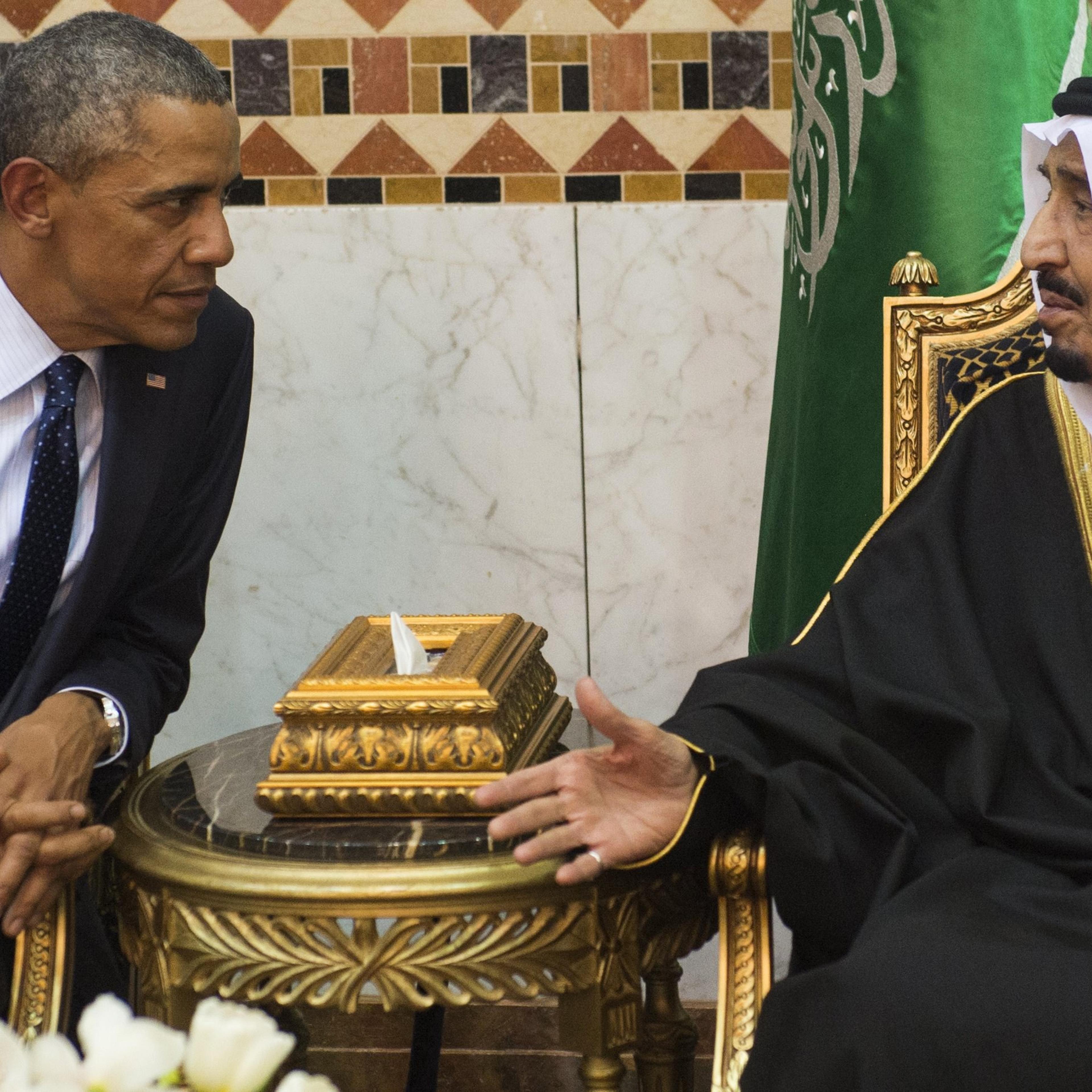 Saudi King Salman meets with President Barack Obama at the Erga Palace in the capital Riyadh on January 27, 2015.