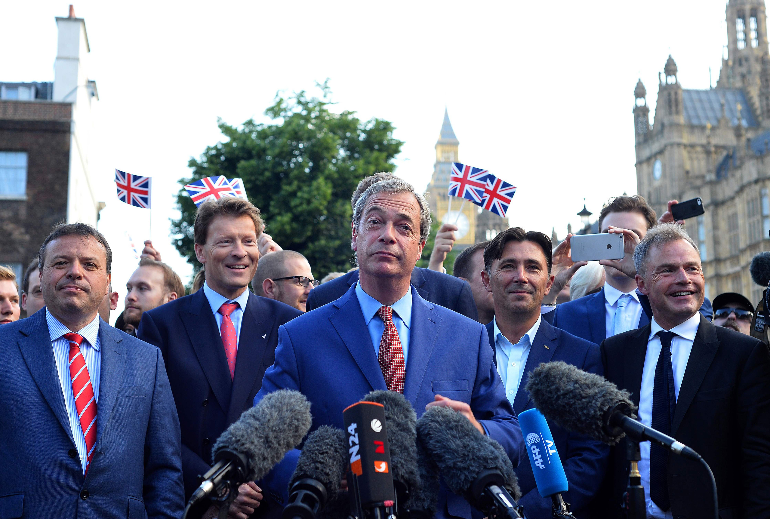 Leader of the United Kingdom Independence Party (UKIP), Nigel Farage, speaks during a press conference after Britain has voted to leave the European Union in central London on June 24, 2016.