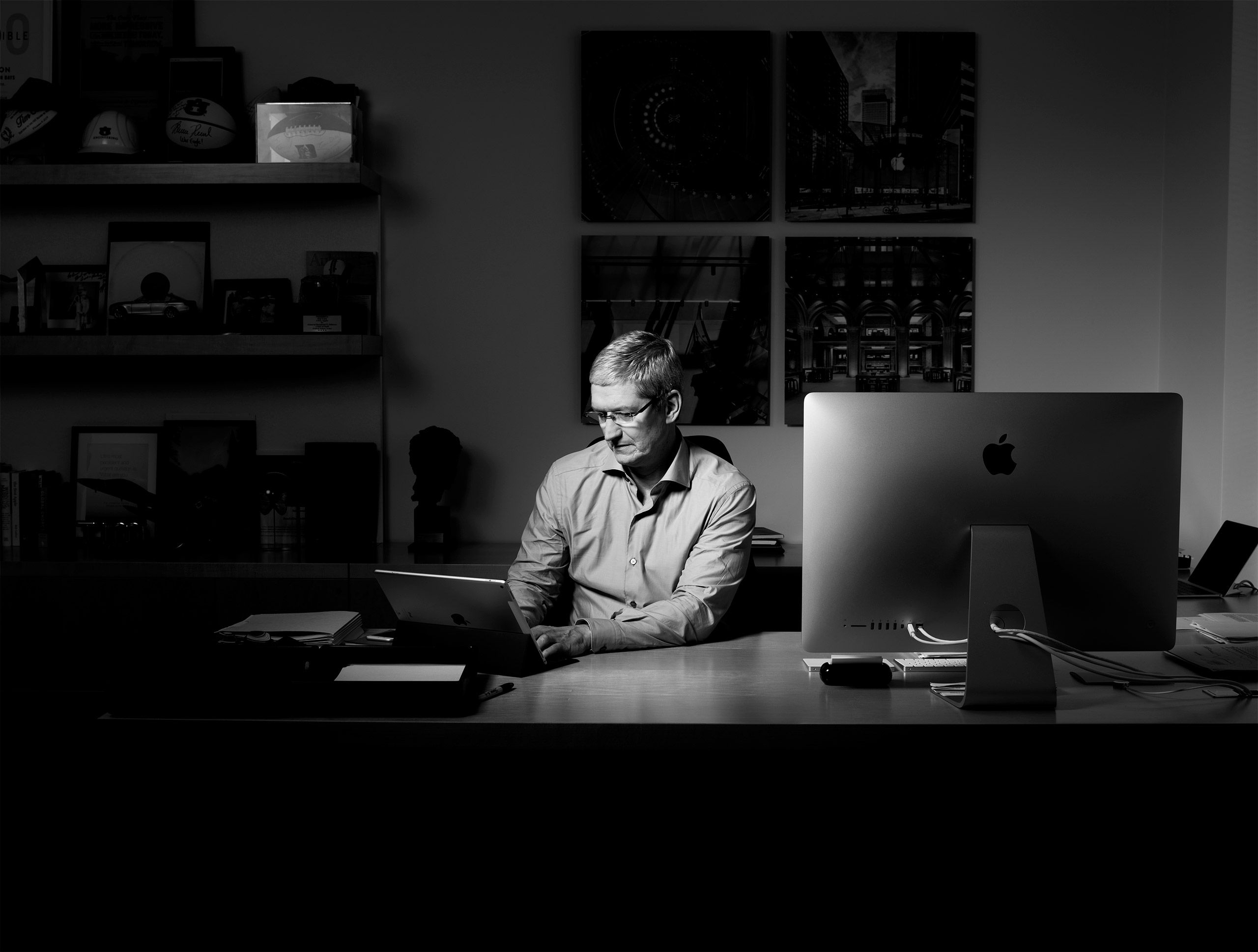 Tim Cook, CEO of Apple, shot on Monday, March 14, 2016 in his office at Apple headquarters in Cupertino, CA.