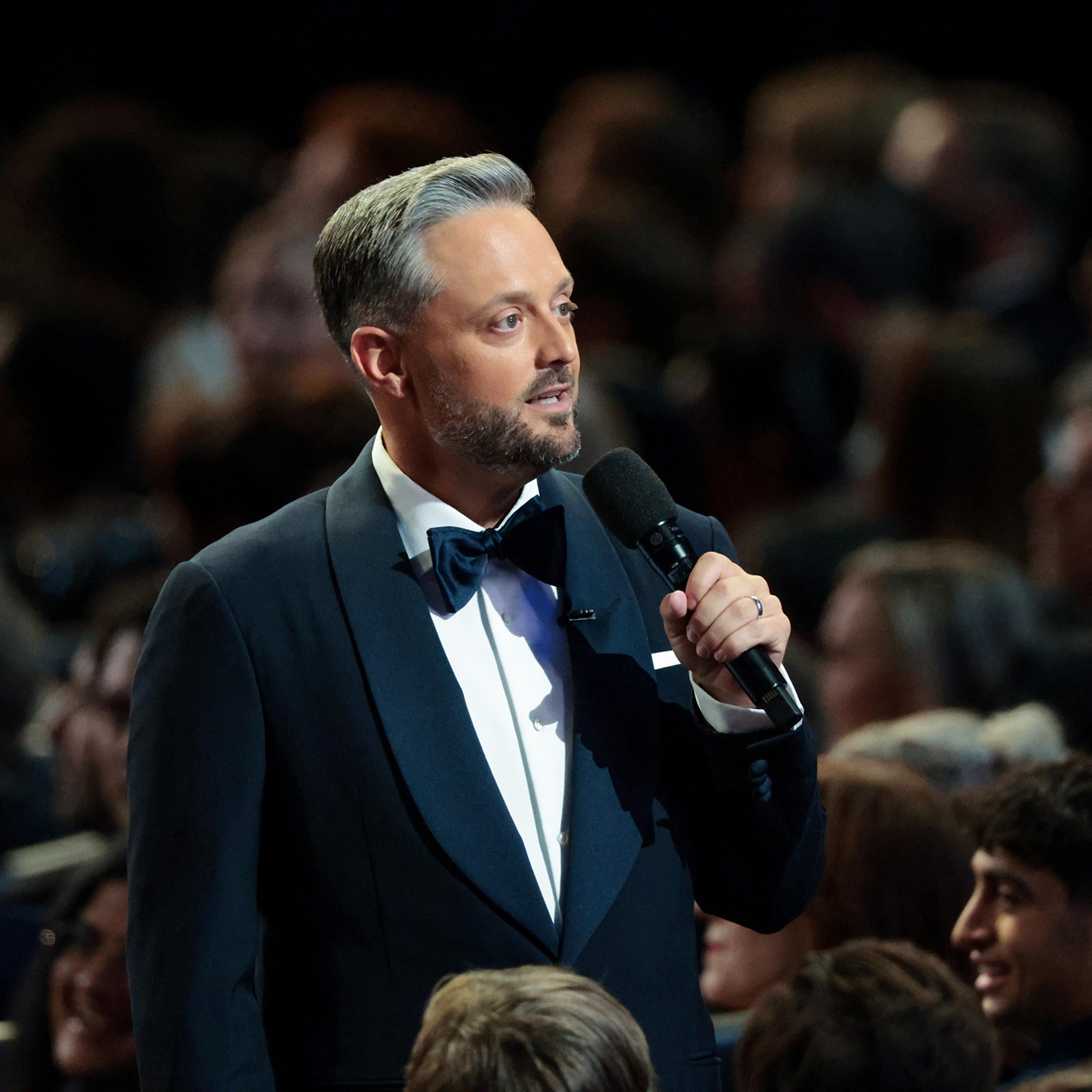 Nate Bargatze hosting the 77th Emmy Awards in Los Angeles on Sept. 14, 2025.