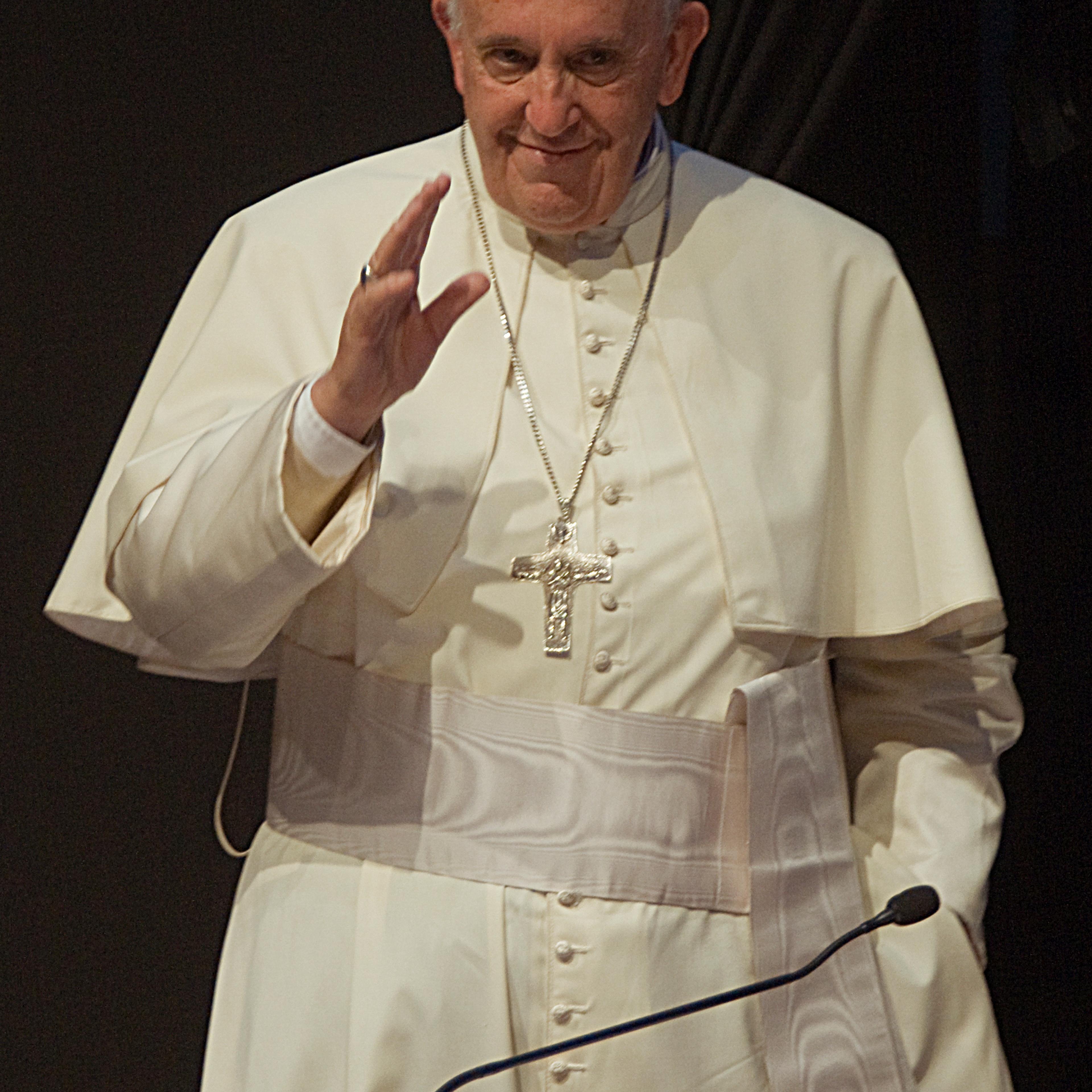 Pope Francis greets the attendees of a conference as part of the II Meeting of People's Movements in Santa Cruz, Bolivia, on on July 9, 2015.