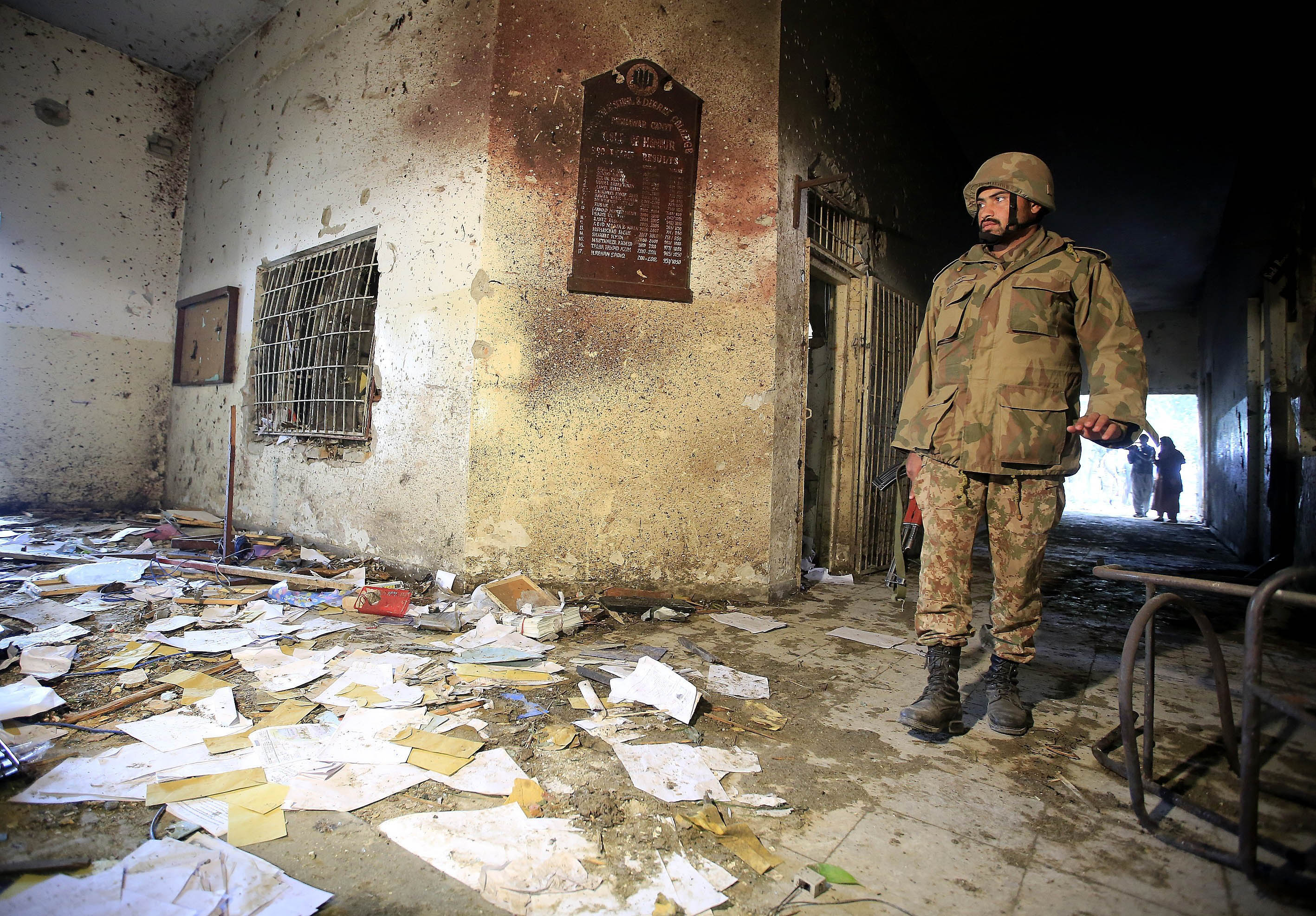 PESHAWAR, PAKISTAN - DECEMBER 17: A view of the debris of the army-run school that was attacked by Taliban on Tuesday, in northwestern city of Peshawar, Pakistan, on December 17, 2014. Taliban attack on an army-run school in Pakistan on Tuesday has left 