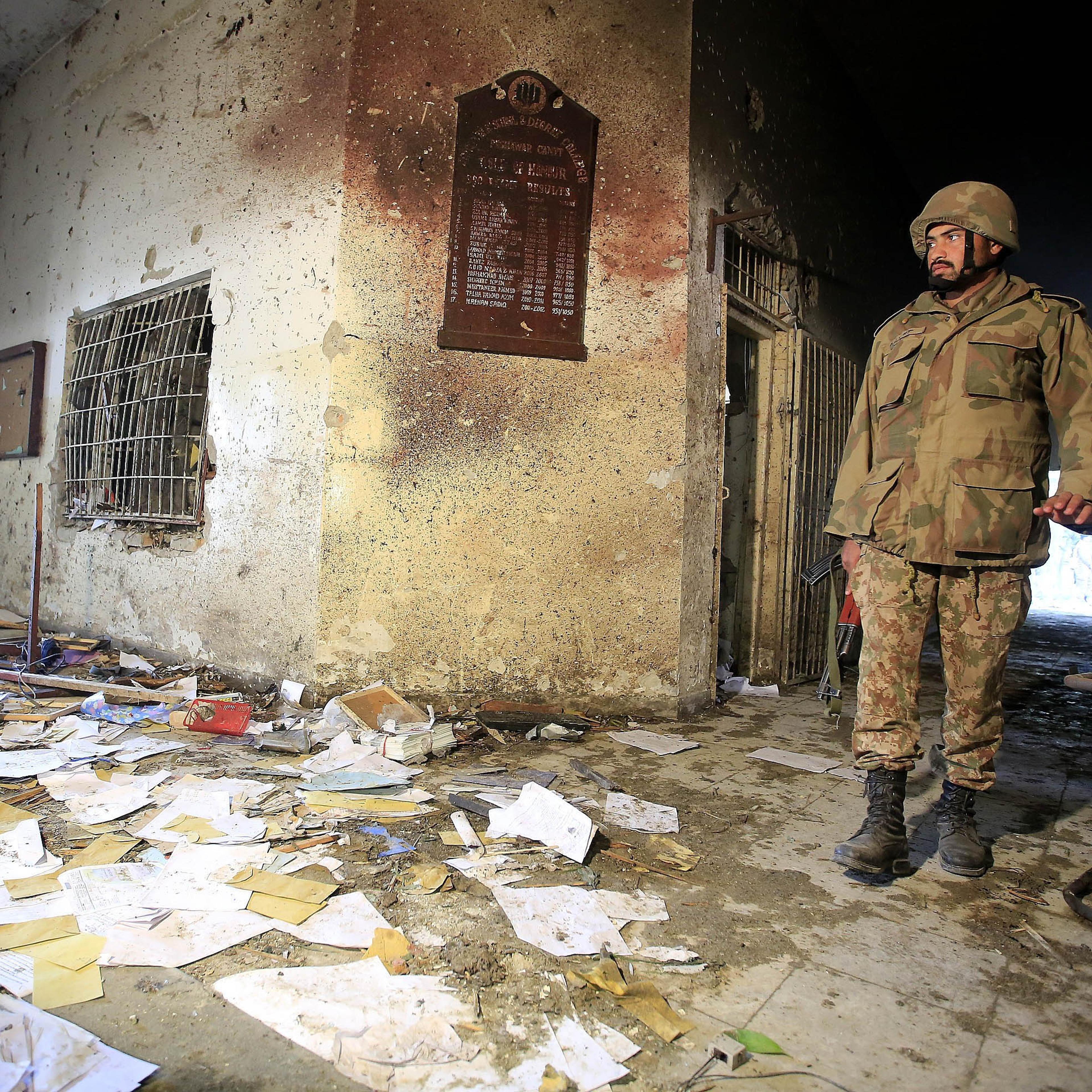 PESHAWAR, PAKISTAN - DECEMBER 17: A view of the debris of the army-run school that was attacked by Taliban on Tuesday, in northwestern city of Peshawar, Pakistan, on December 17, 2014. Taliban attack on an army-run school in Pakistan on Tuesday has left