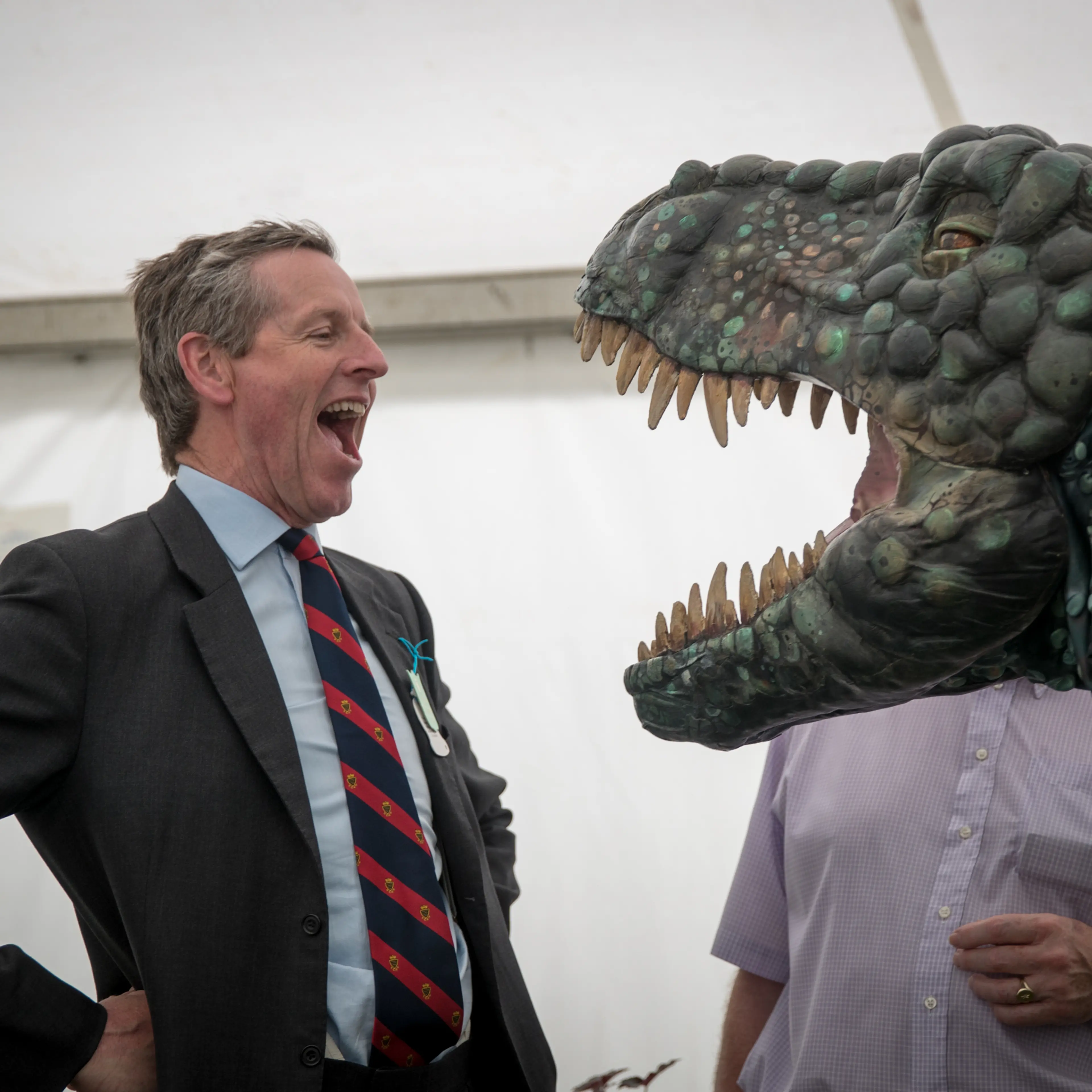 A man reacts to the Eden Project's life-size juvenile Tyrannosaurus rex that has been brought as a preview to the nearby attraction's "Dinosaur Uprising" opening this summer on June 9, 2016 near Wadebridge, England.