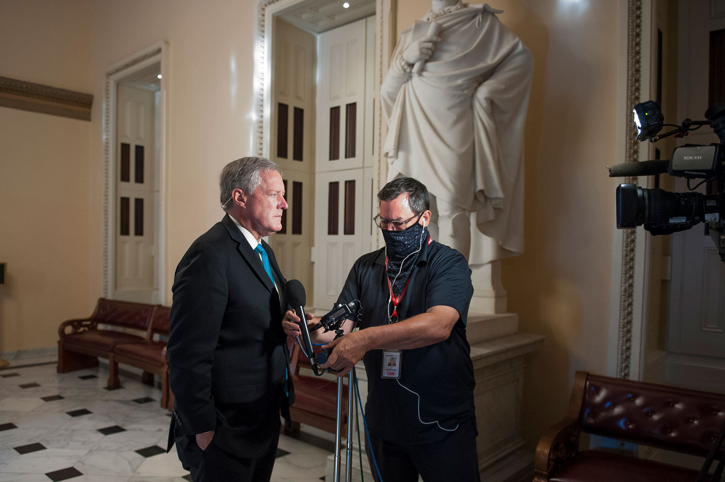 Assistant to the President and Chief of Staff Mark Meadows prepares to talk with reporters following a meeting with Speaker of the House Speaker Nancy Pelosi, Senate Minority Leader Chuck Schumer and Secretary of the Treasury Steven Mnuchin at the Capito
