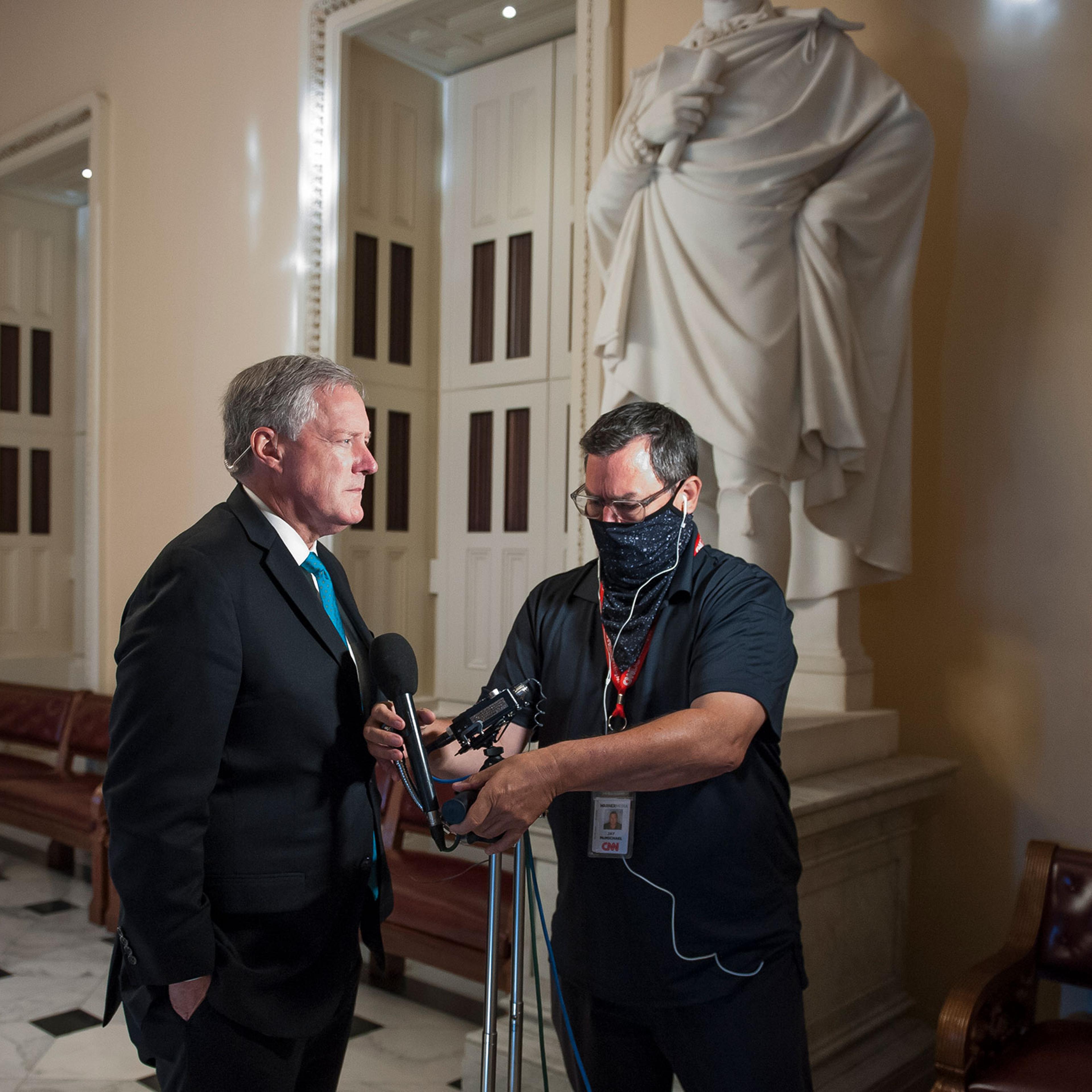 Assistant to the President and Chief of Staff Mark Meadows prepares to talk with reporters following a meeting with Speaker of the House Speaker Nancy Pelosi, Senate Minority Leader Chuck Schumer and Secretary of the Treasury Steven Mnuchin at the Capito