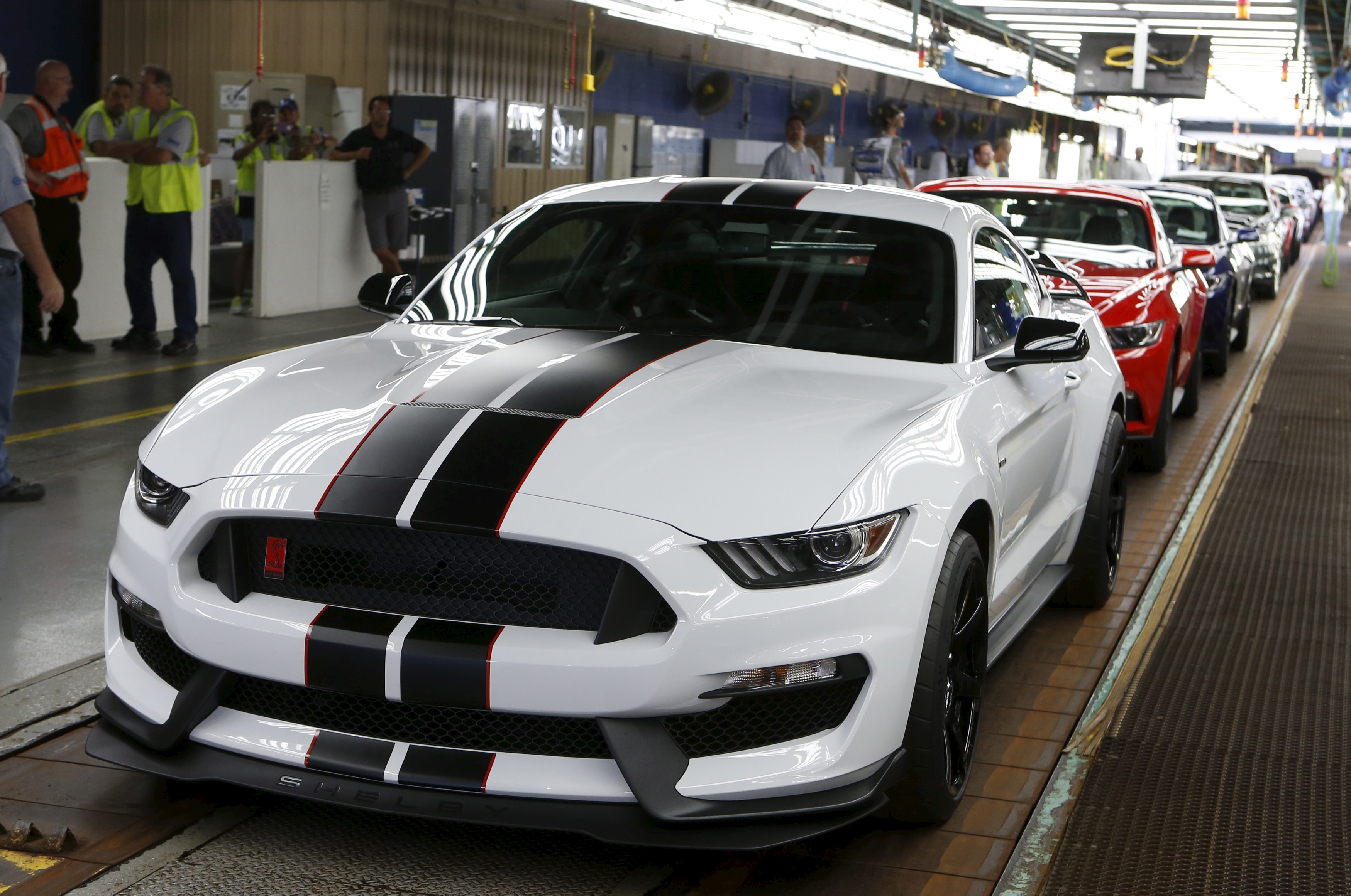 A 2015 Shelby GT350R Mustang vehicle sits on the final production line at the Ford Motor Flat Rock Assembly Plant in Flat Rock, Michigan,
