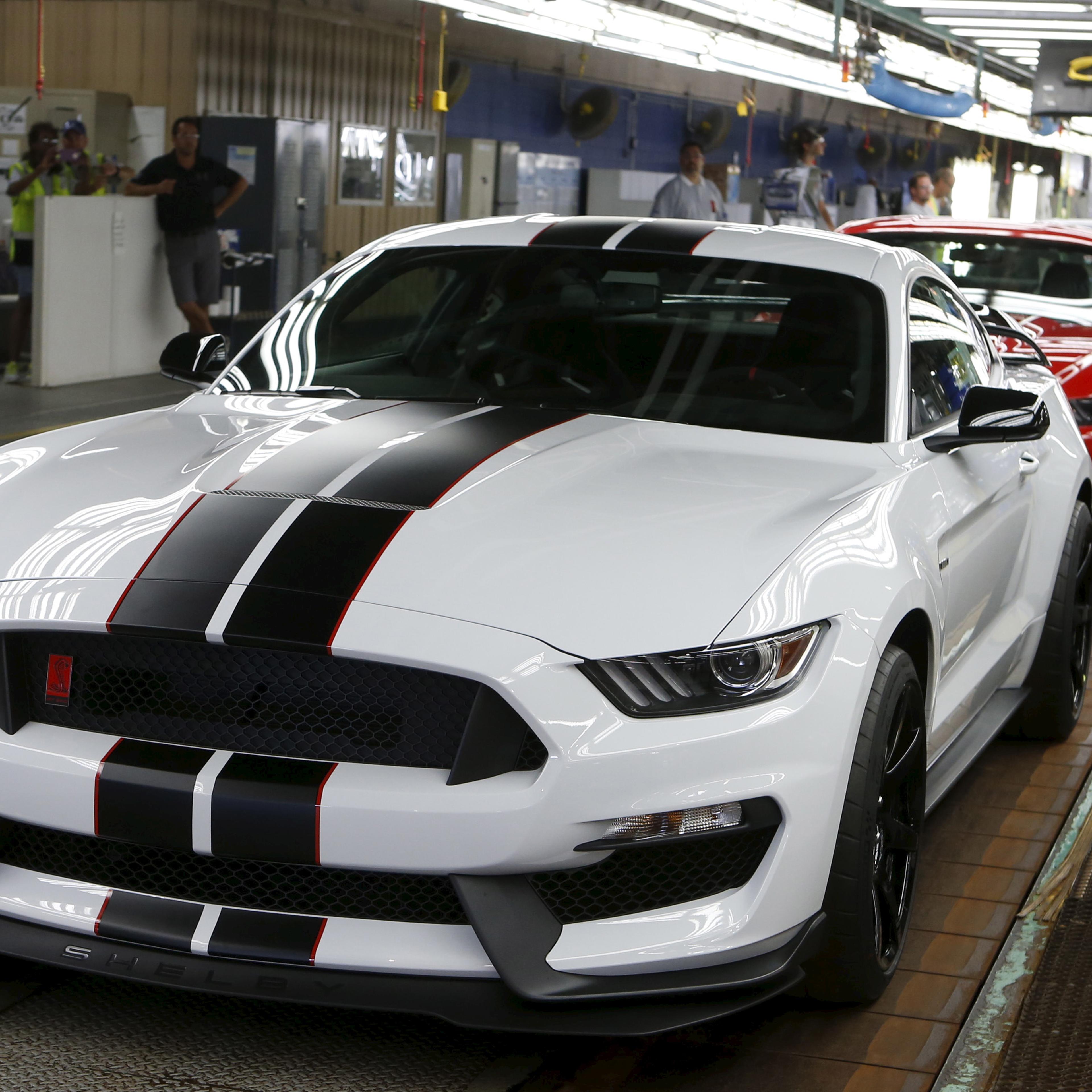 A 2015 Shelby GT350R Mustang vehicle sits on the final production line at the Ford Motor Flat Rock Assembly Plant in Flat Rock, Michigan,