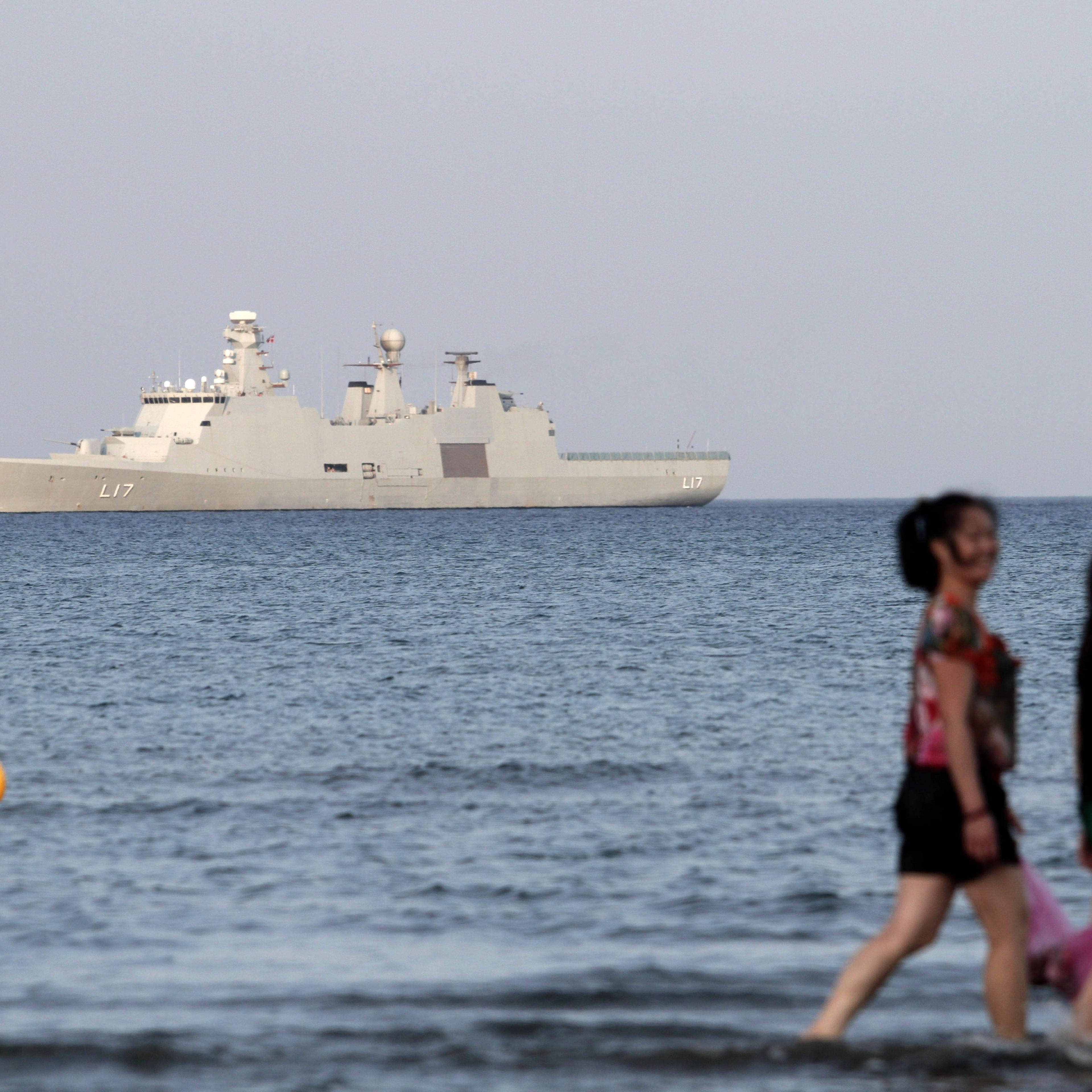 Danish navy vessel HDMS Esbern Snare leads the Danish-Norwegian-British task force in the OPCW program outside southern Cypriot coastal town of Larnaca on May 13, 2014