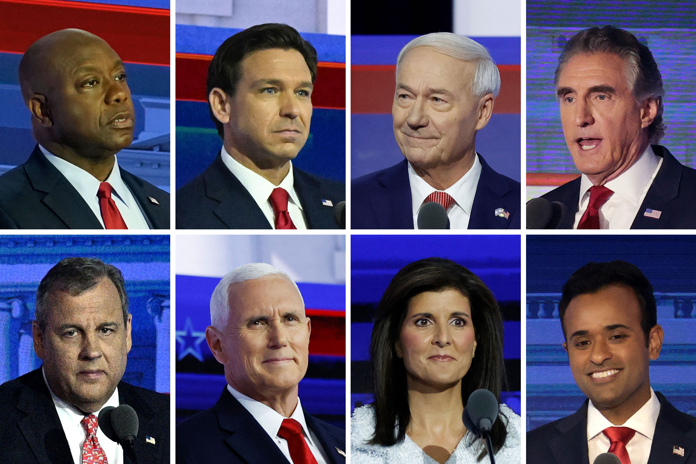 A grid of images showing Sen. Tim Scott, Florida Gov. Ron DeSantis, Former Gov. of Ark. Asa Hutchinson, N.D. Gov. Doug Burgum, N.J. Gov. Chris Christie, Former Vice President Mike Pence, Former U.N. ambassador Nikki Haley, Vivek Ramaswamy at the debate