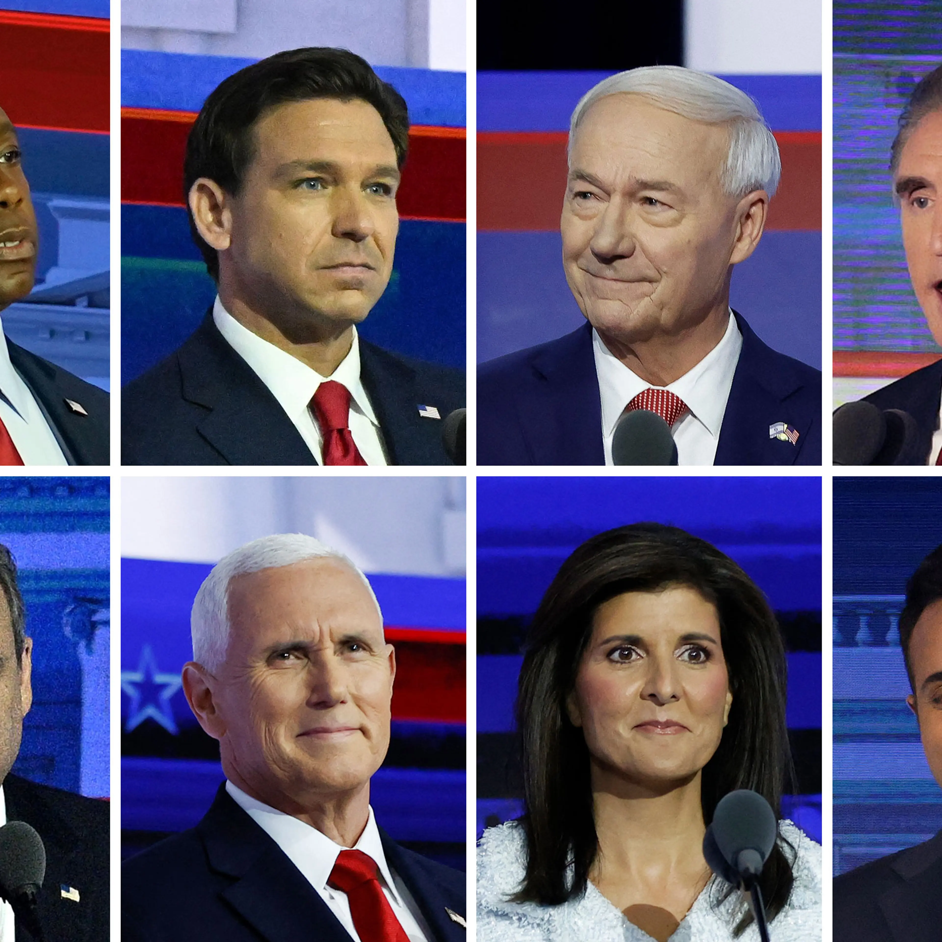 A grid of images showing Sen. Tim Scott, Florida Gov. Ron DeSantis, Former Gov. of Ark. Asa Hutchinson, N.D. Gov. Doug Burgum, N.J. Gov. Chris Christie, Former Vice President Mike Pence, Former U.N. ambassador Nikki Haley, Vivek Ramaswamy at the debate
