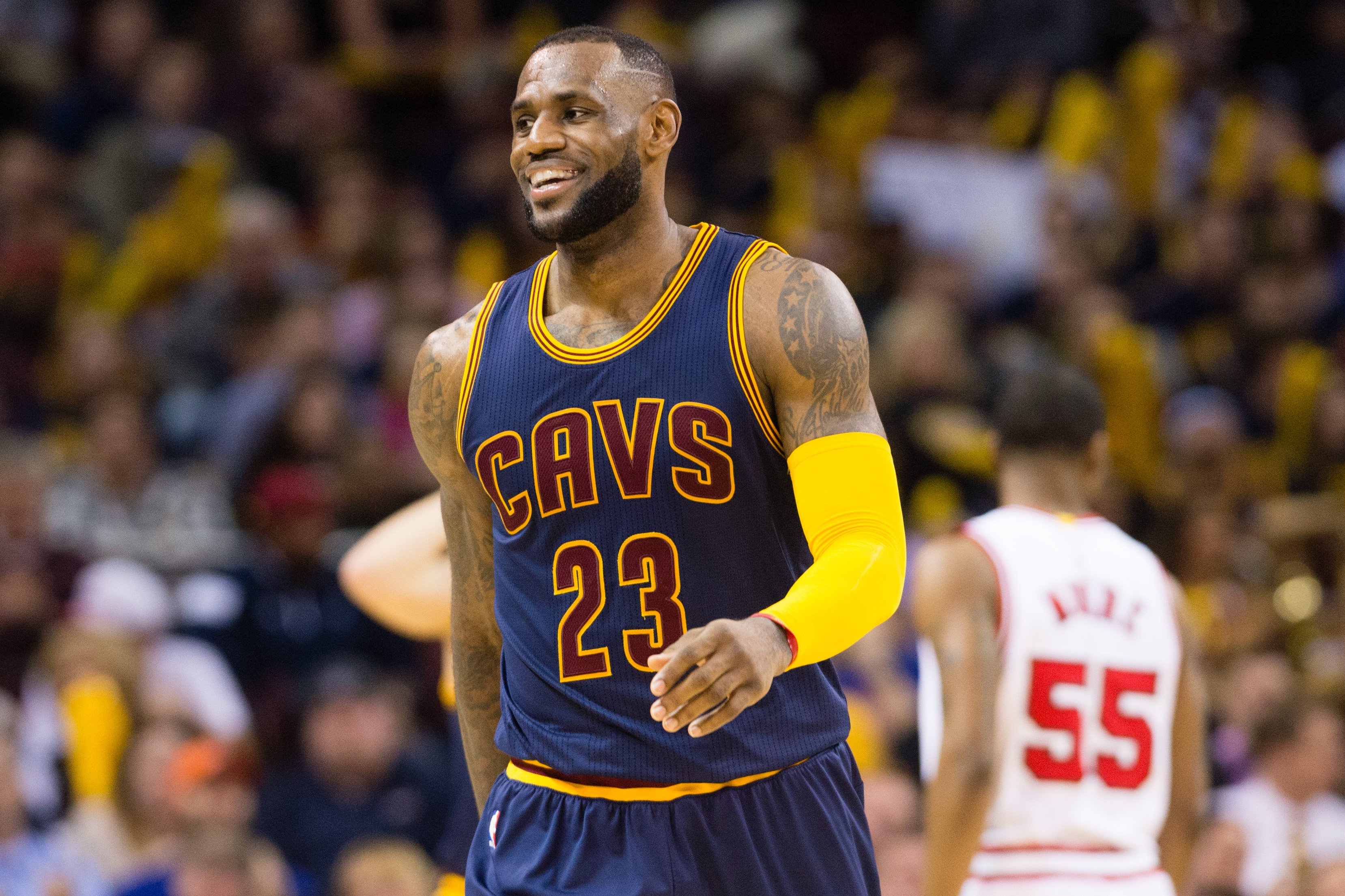 LeBron James of the Cleveland Cavaliers smiles to the fans during the second half against the Chicago Bulls at Quicken Loans Arena on April 5, 2015 in Cleveland.