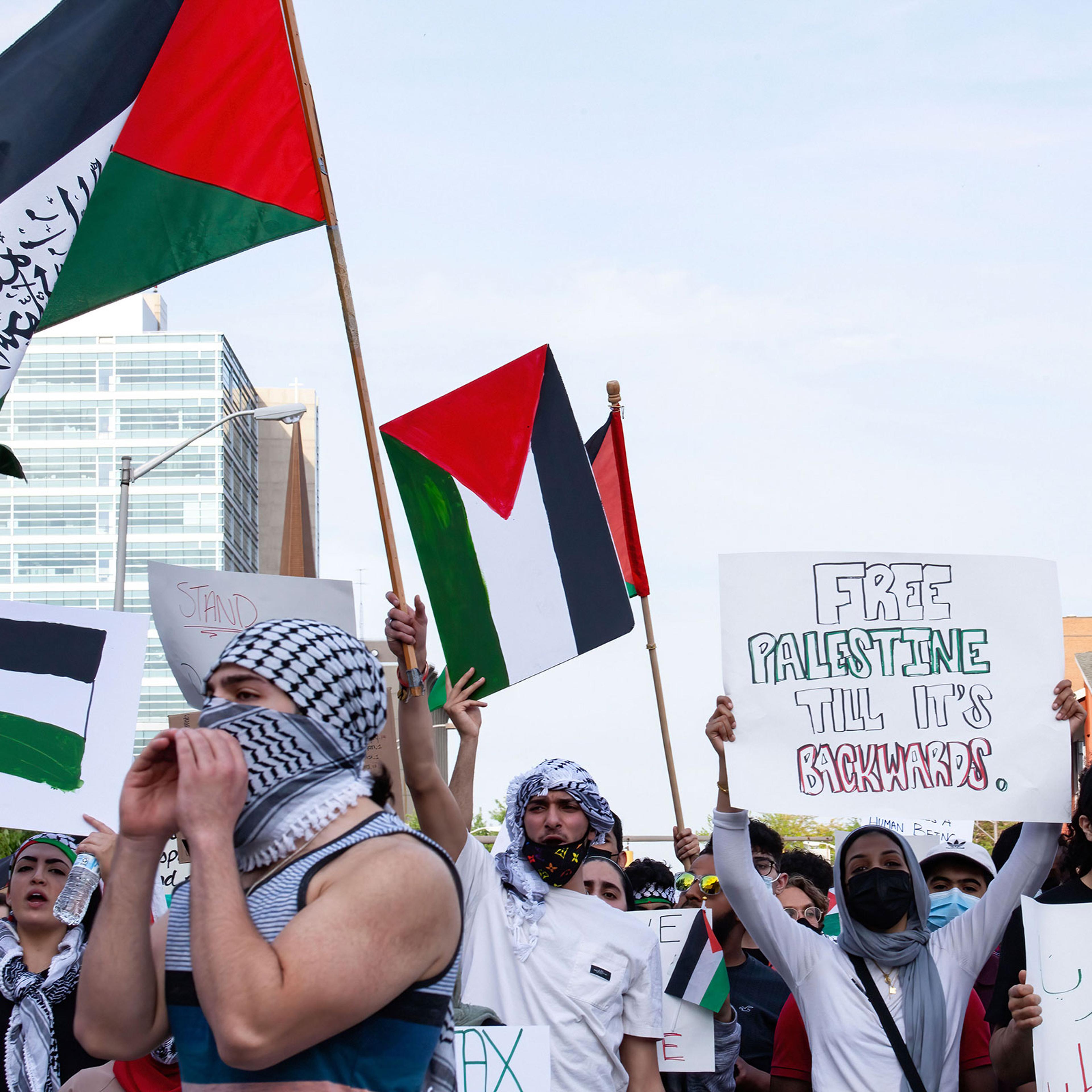 Demonstrators chant slogans while holding flags during the
