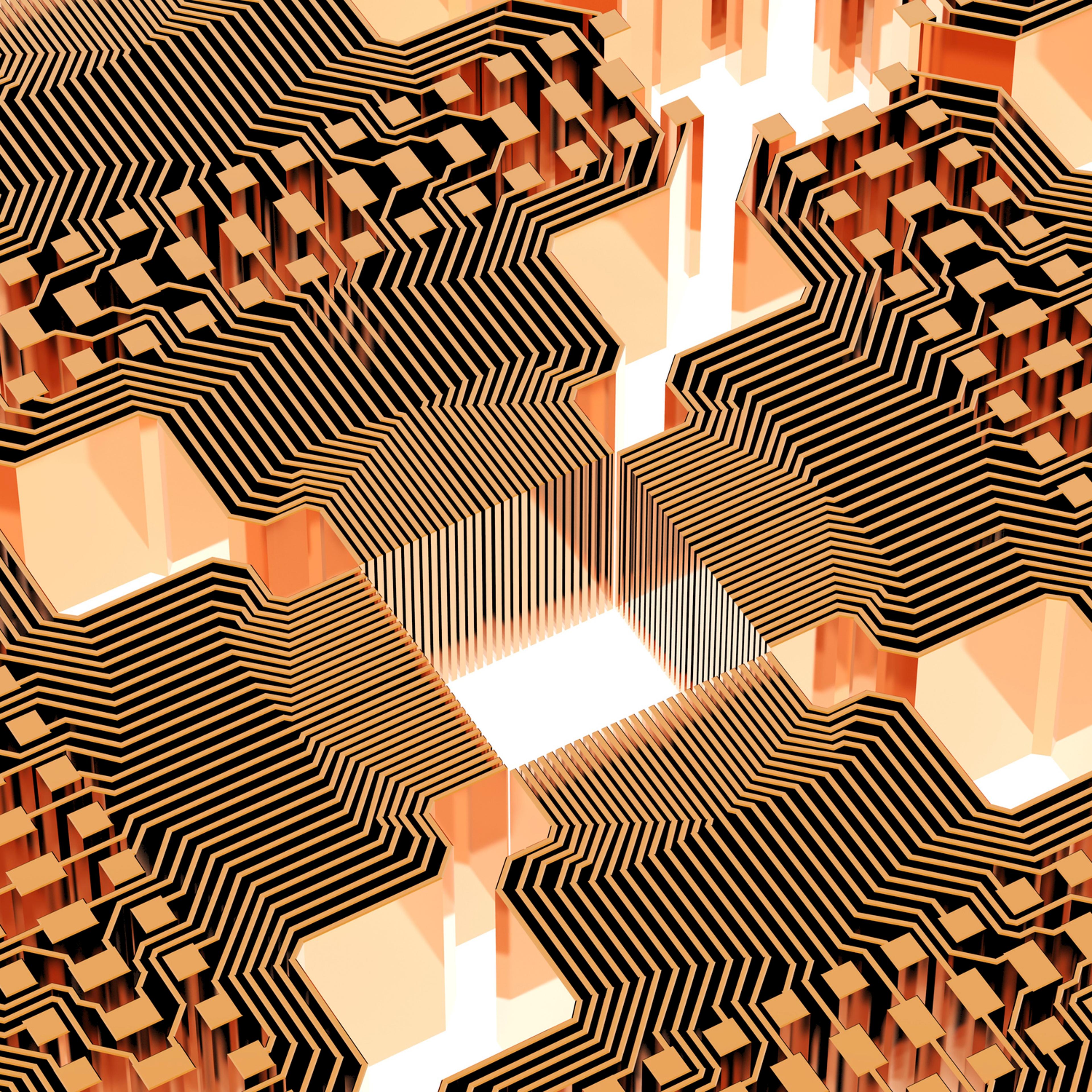Quantum computer. Conceptual computer artwork of electronic circuitry as part of a quantum computer structure.