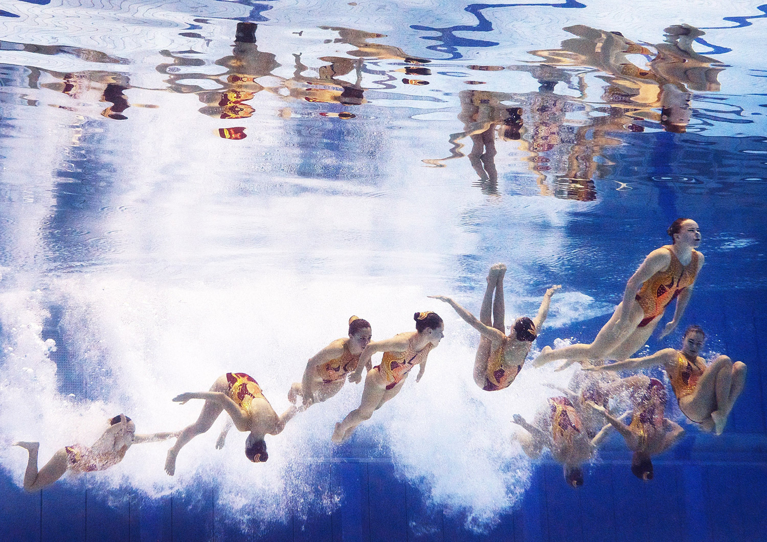 Switzerland perform their Women's Free Combination Synchronised Swimming Routine at Europa-Sportpark on Aug. 15, 2014 in Berlin.