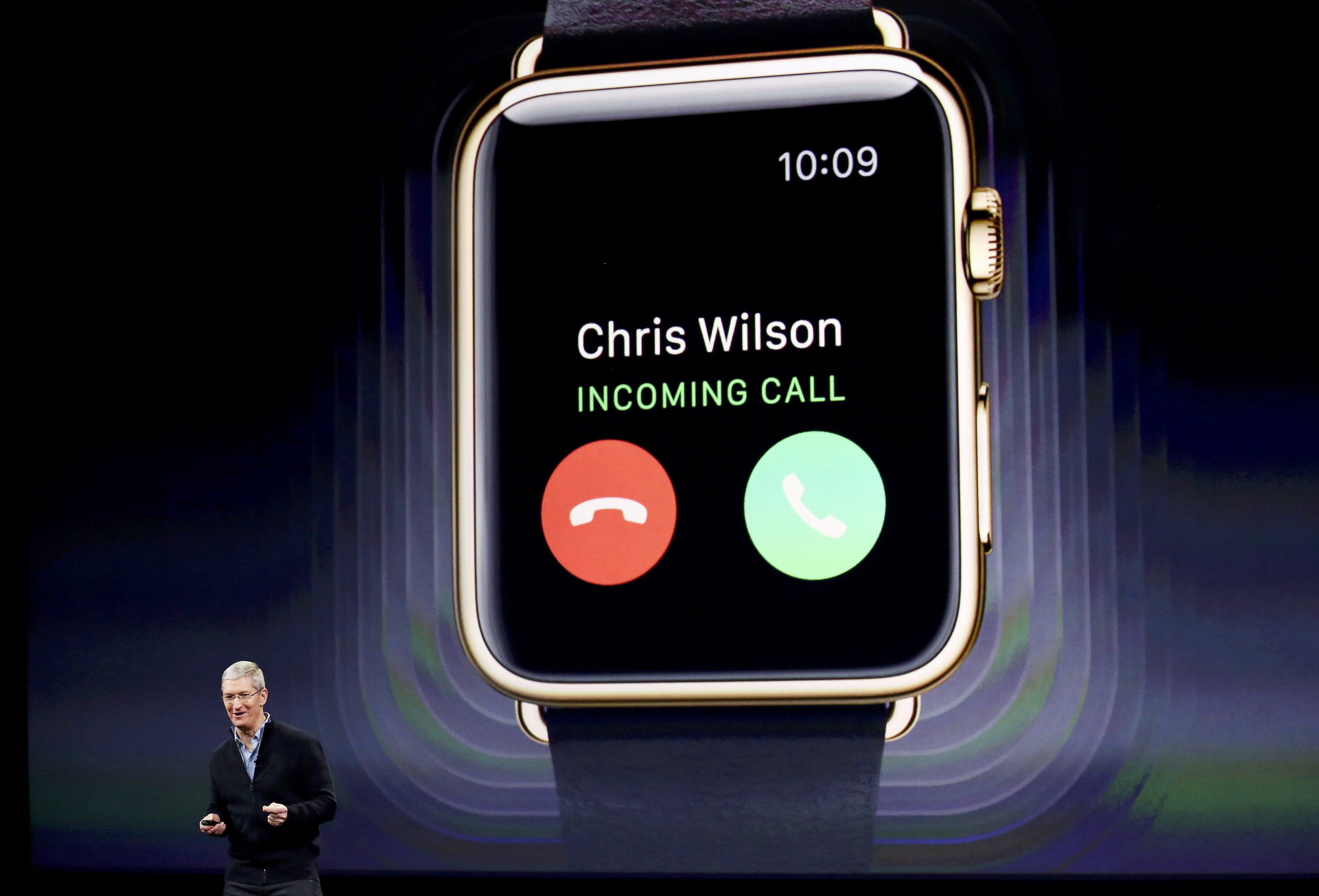 Apple CEO Tim Cook introduces the Apple Watch during an Apple event in San Francisco on March 9, 2015.