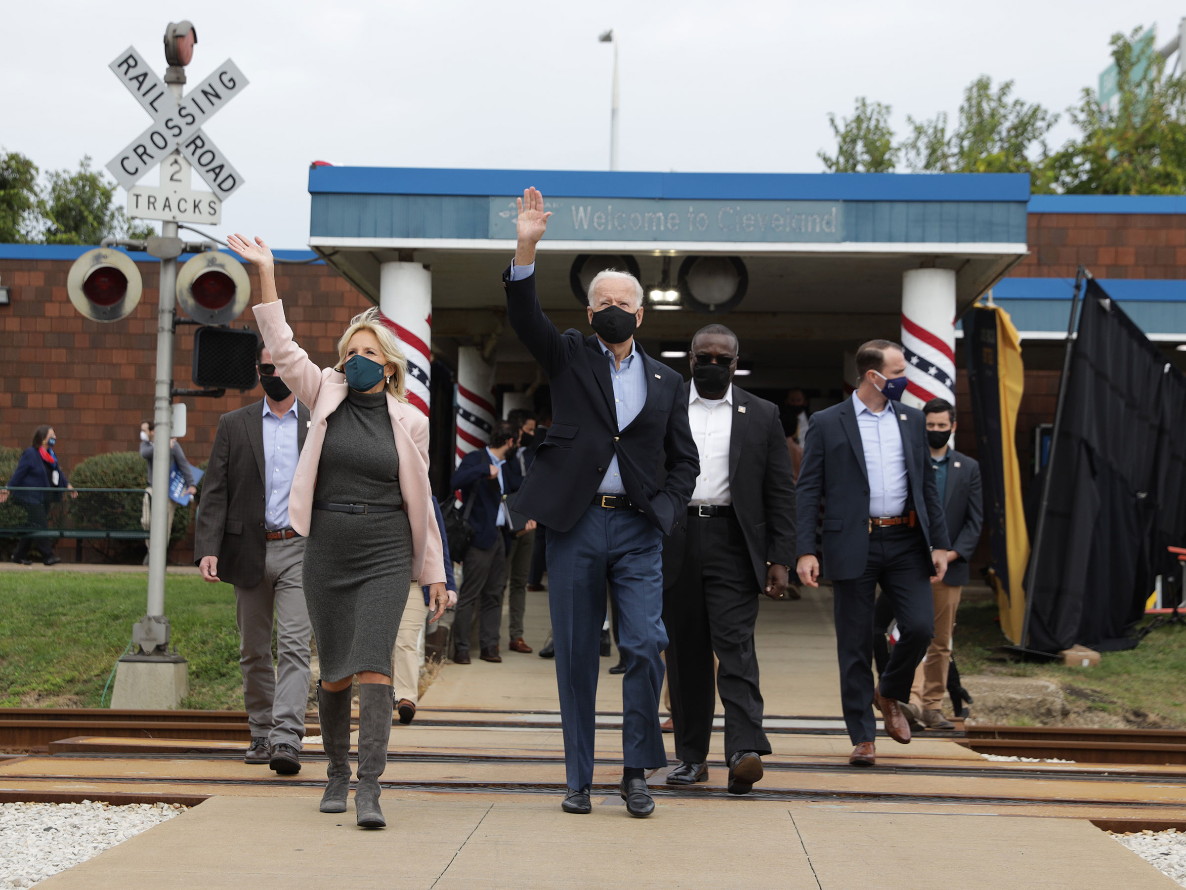 Democratic presidential nominee Joe Biden and his wife Dr. Jill Biden prepare to embark on a train campaign tour at the Cleveland Amtrak Station