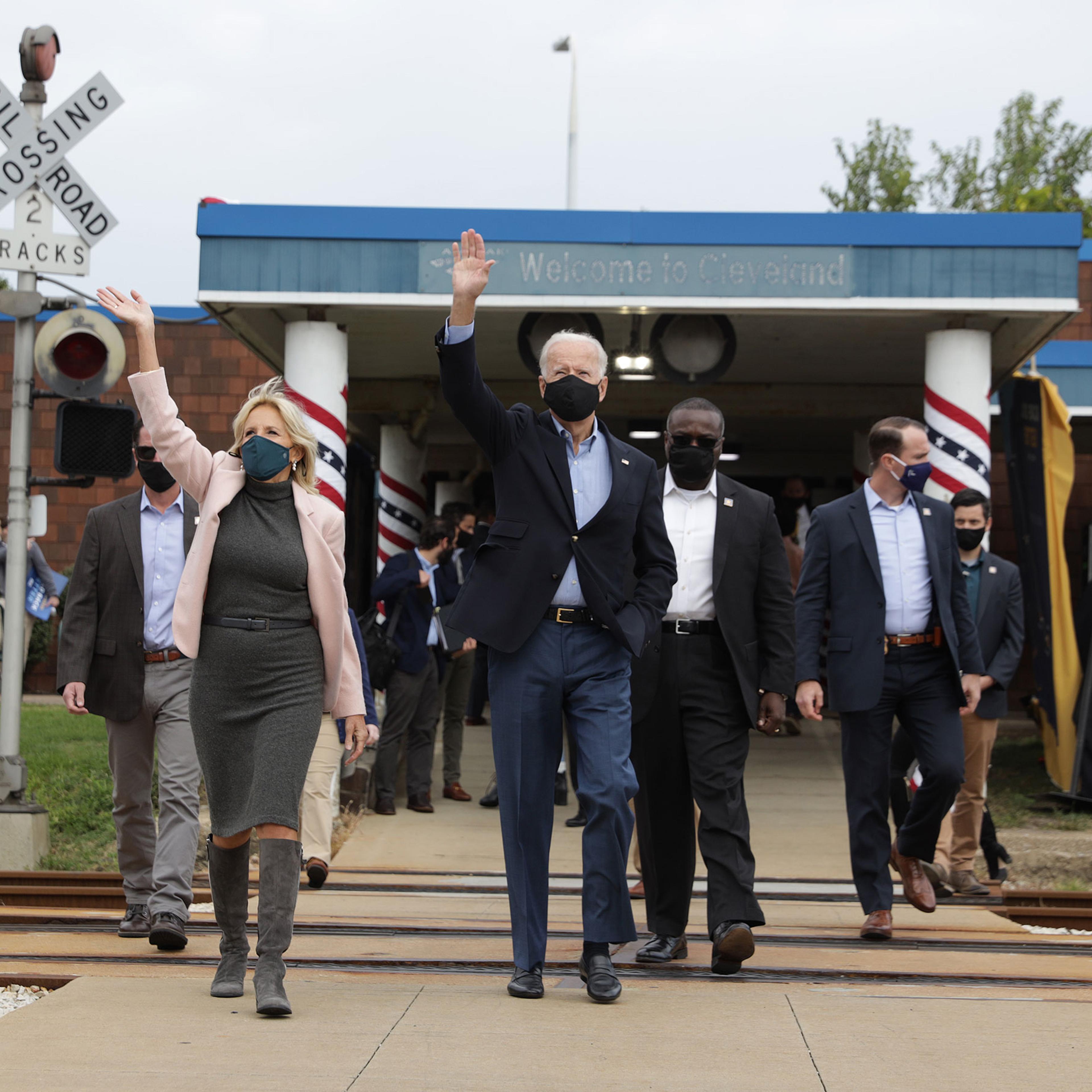 Democratic presidential nominee Joe Biden and his wife Dr. Jill Biden prepare to embark on a train campaign tour at the Cleveland Amtrak Station
