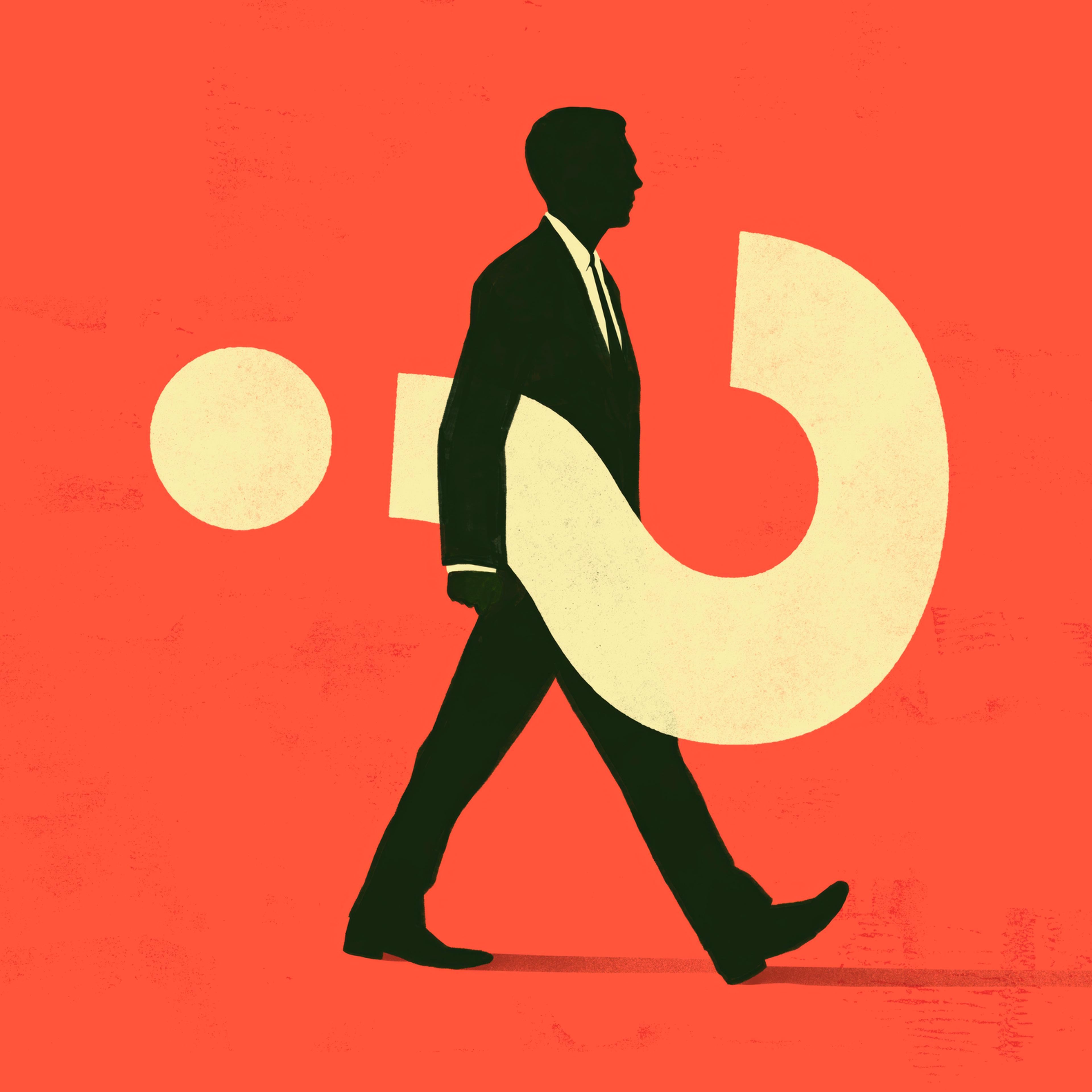 Illustration of a silhouette of a businessman walking while carrying a question mark symbol