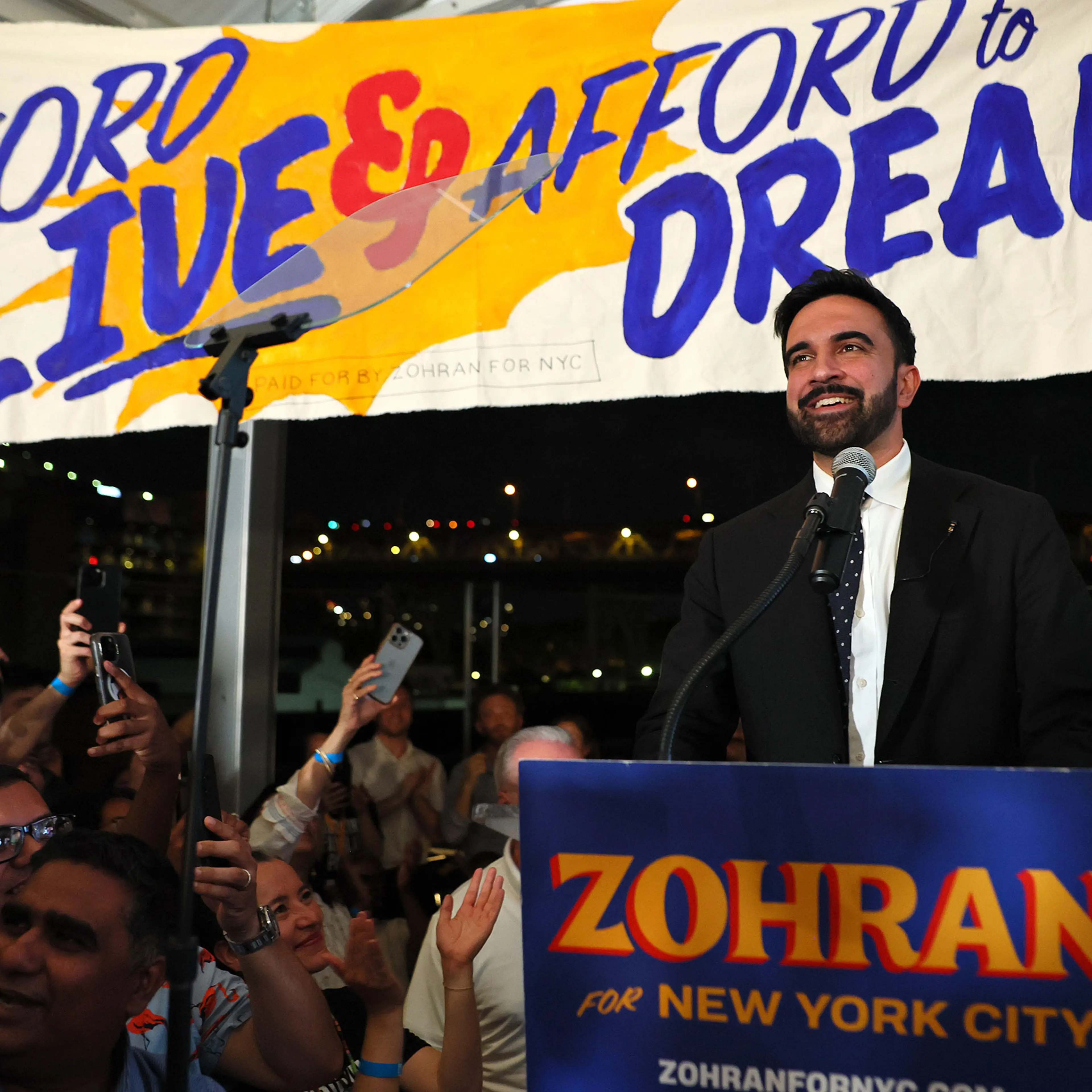 New York mayoral candidate, State Rep. Zohran Mamdani speaks to supporters during an election night gathering on June 24, 2025.