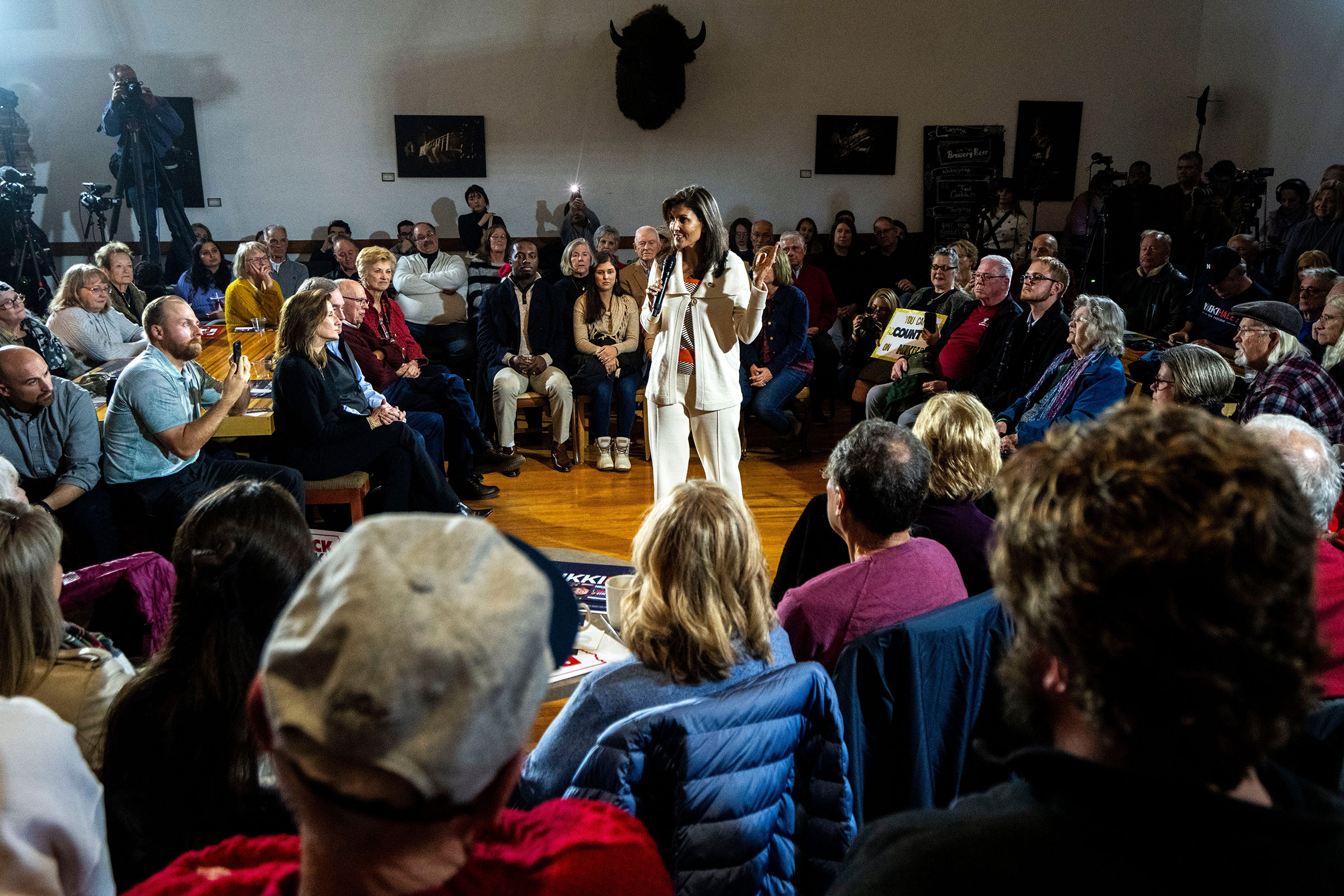 Republican presidential candidate Nikki Haley speaks during a campaign stop at K &amp; B Emporium on Saturday, Dec. 9, 2023, in