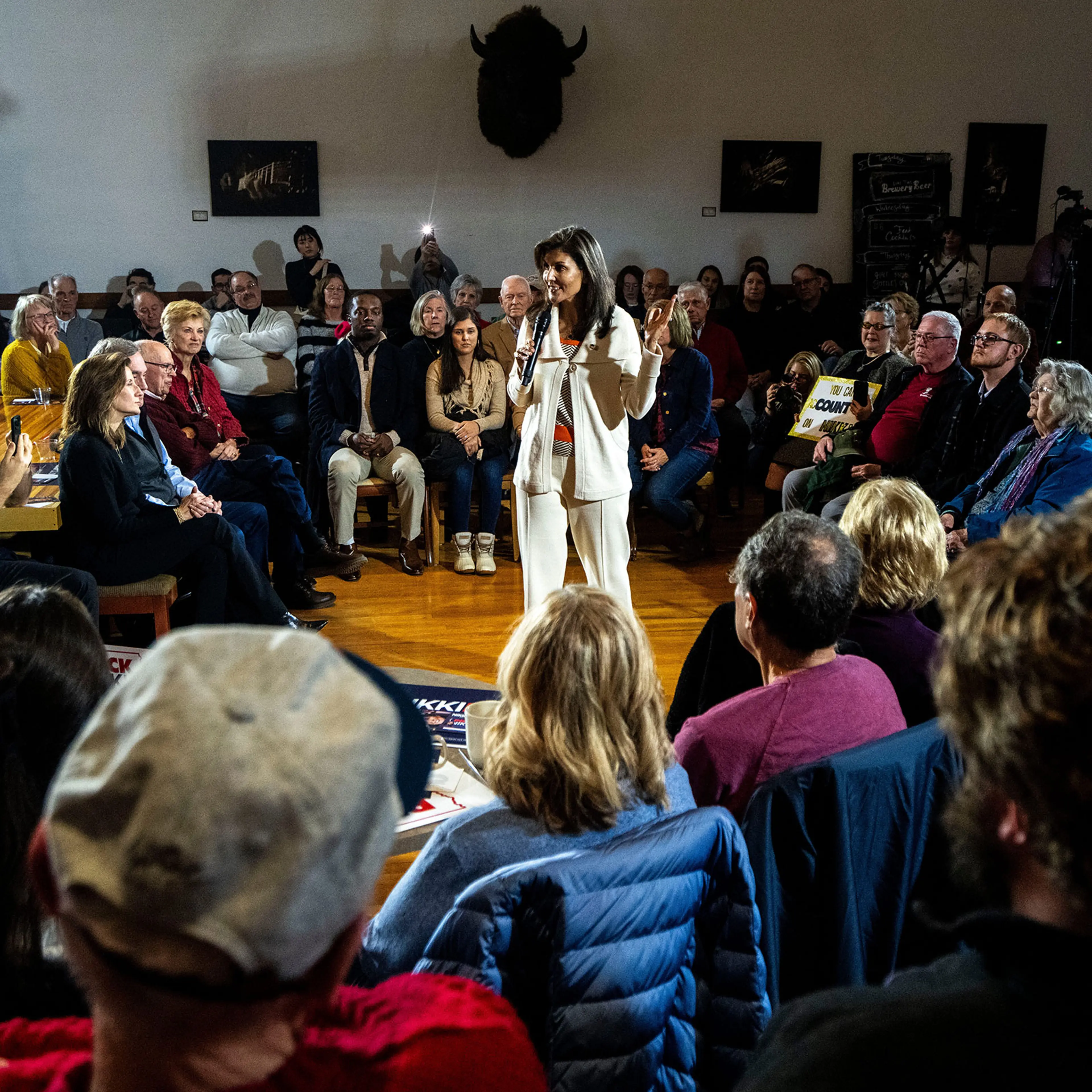 Republican presidential candidate Nikki Haley speaks during a campaign stop at K & B Emporium on Saturday, Dec. 9, 2023, in