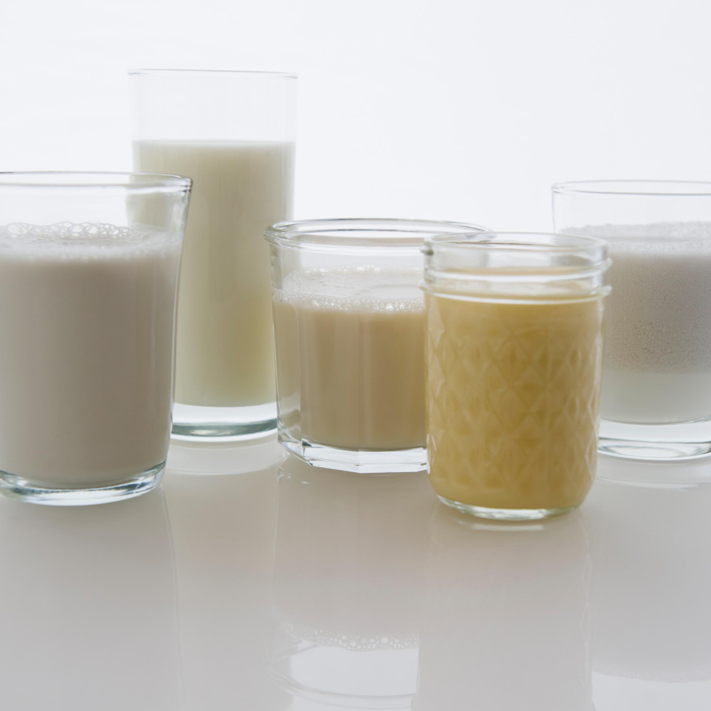 Close up of glasses with different kinds of milk