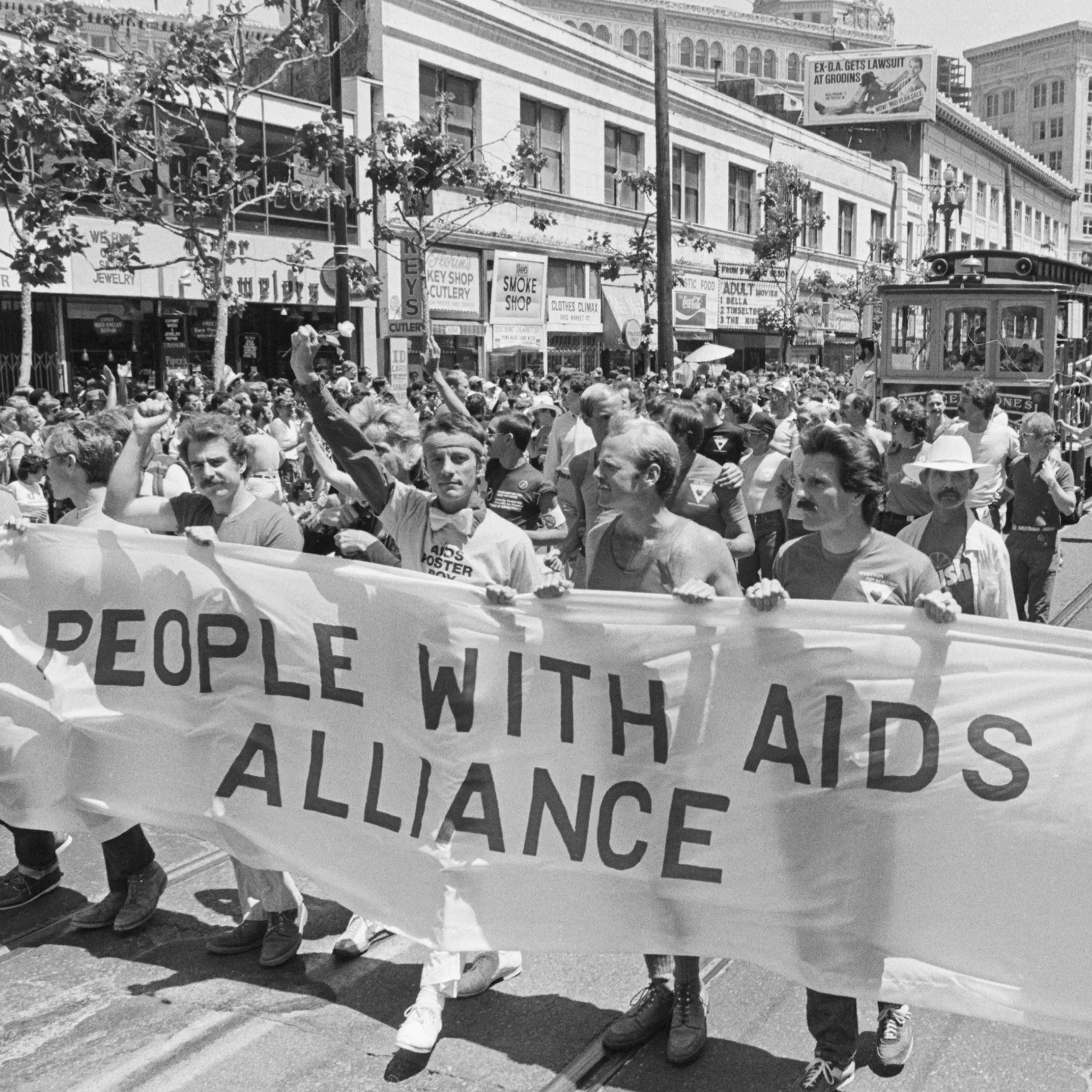 Members of the 'People With AIDS' coalition march in the San Francisco pride parade on June 26, 1983.