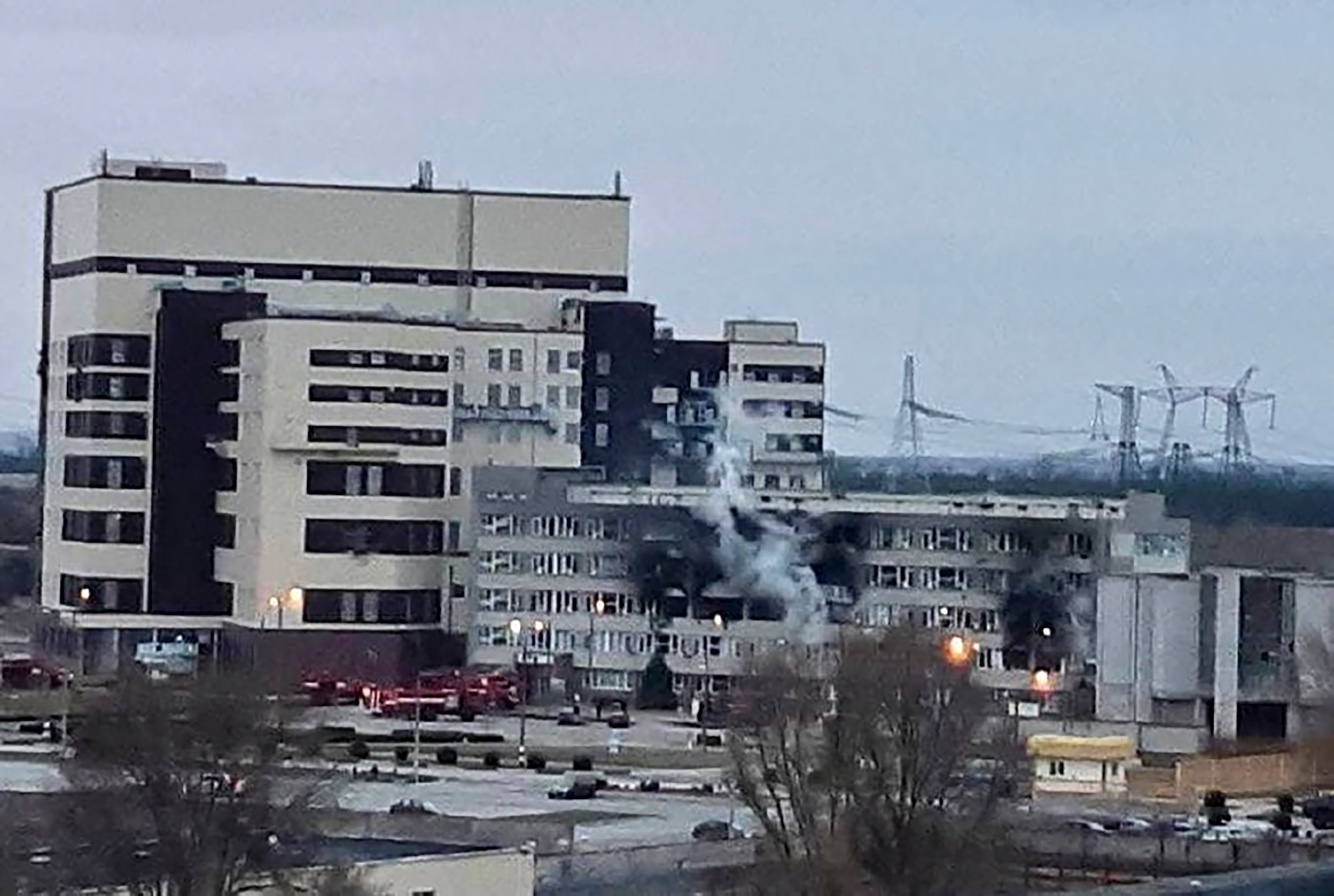 A fire is seen at the Zaporizhzhia nuclear plant in Energodar, Ukraine, March 4, 2022.
