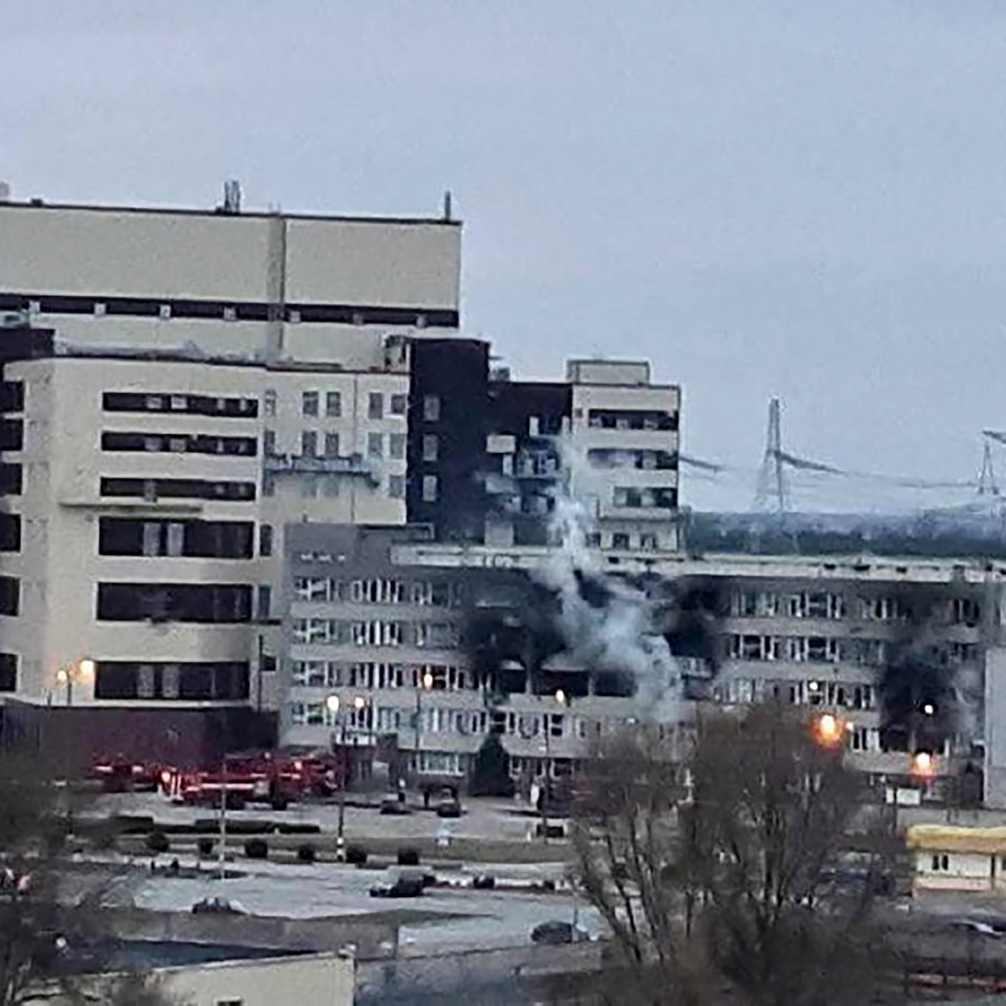 A fire is seen at the Zaporizhzhia nuclear plant in Energodar, Ukraine, March 4, 2022.