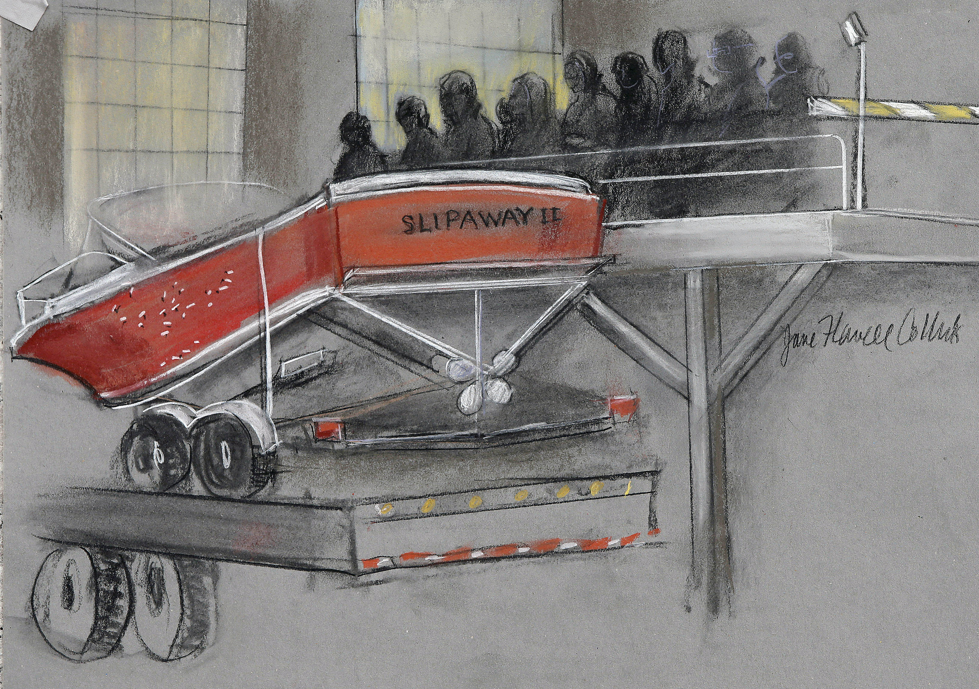 In this courtroom sketch, the boat in which Dzhokhar Tsarnaev was captured is depicted on a trailer for observation during Tsarnaev's federal death penalty trial on March 16, 2015, in Boston.