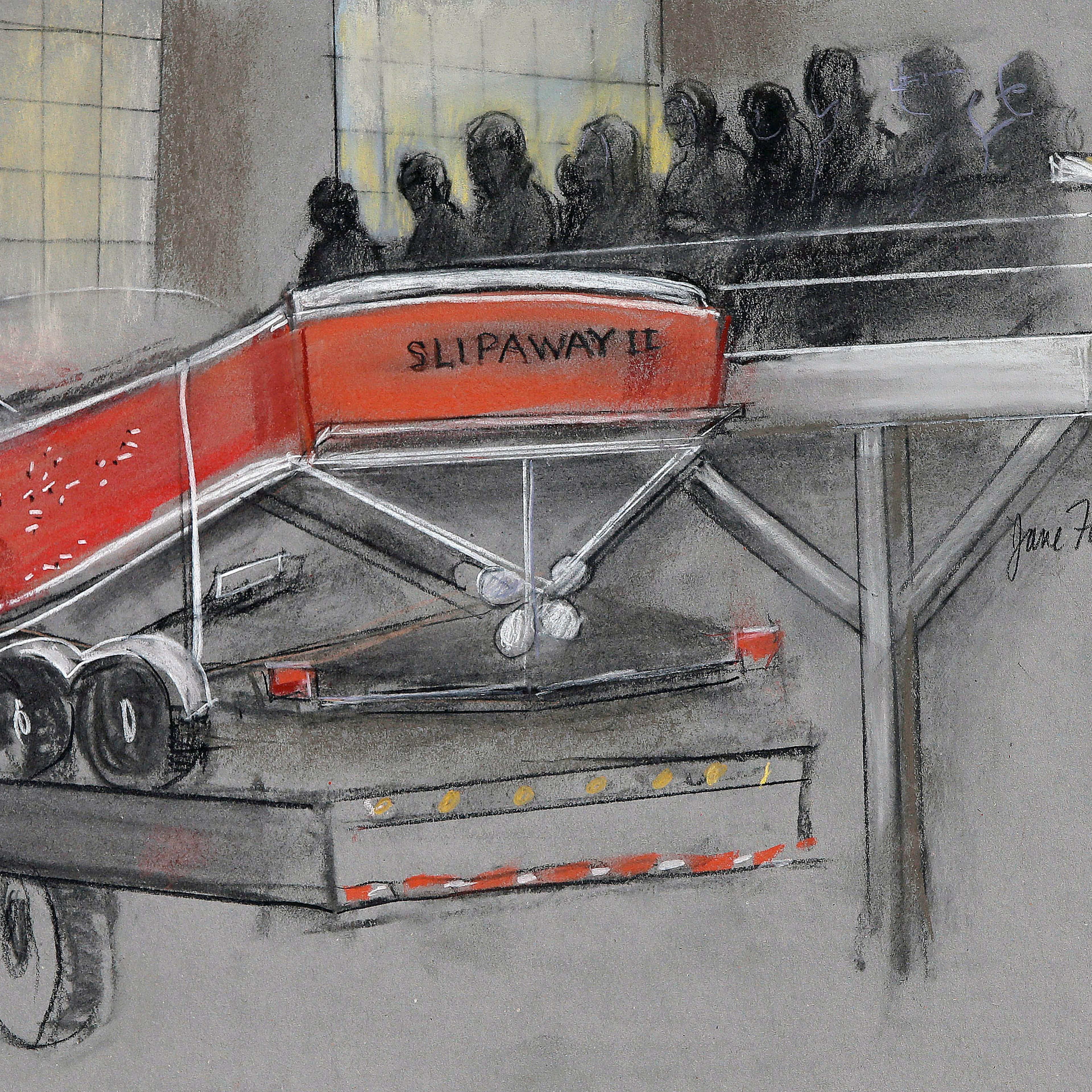 In this courtroom sketch, the boat in which Dzhokhar Tsarnaev was captured is depicted on a trailer for observation during Tsarnaev's federal death penalty trial on March 16, 2015, in Boston.