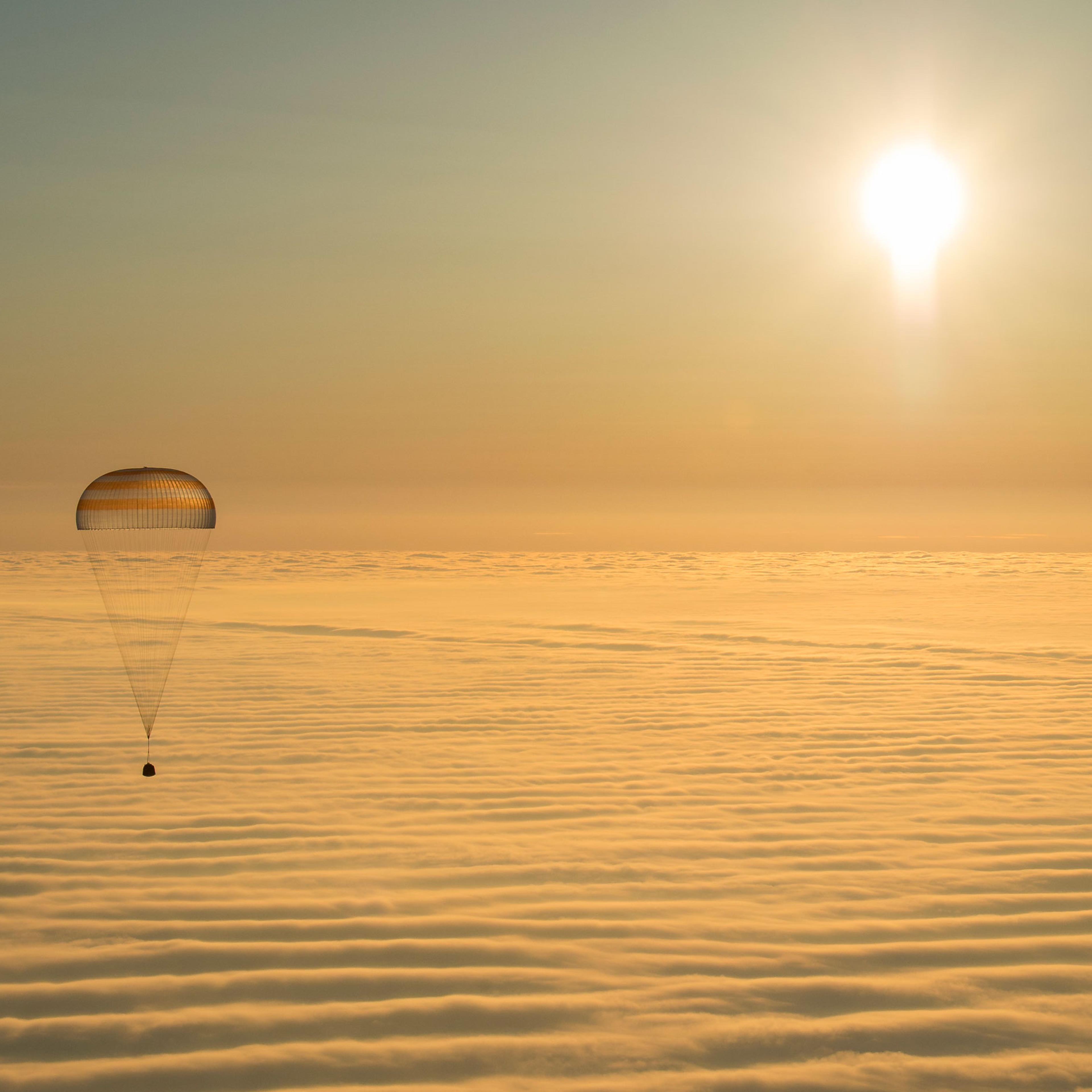 The Soyuz TMA-14M spacecraft as it lands with Expedition 42 commander Barry Wilmore of NASA, Alexander Samokutyaev of the Russian Federal Space Agency (Roscosmos) and Elena Serova of Roscosmos near the town of Zhezkazgan, Kazakhstan on March 12, 2015.