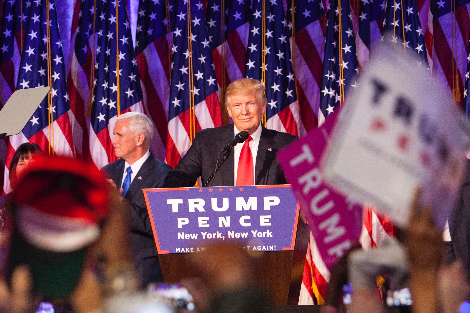 Republican President-elect Donald Trump delivers his acceptance speech during his Election Night event at the New York Hilton Midtown in the early morning hours of Nov. 9, 2016.