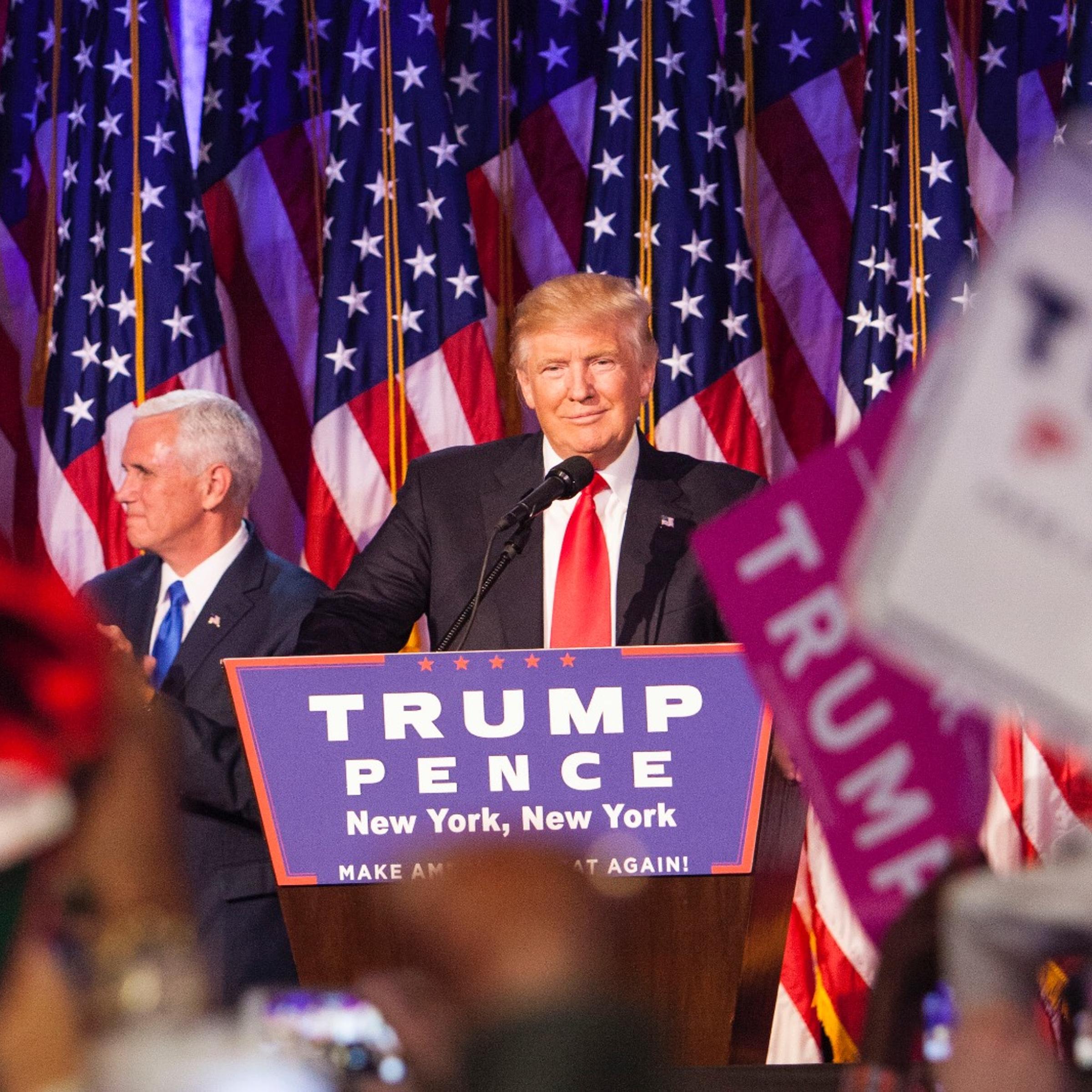 Republican President-elect Donald Trump delivers his acceptance speech during his Election Night event at the New York Hilton Midtown in the early morning hours of Nov. 9, 2016.