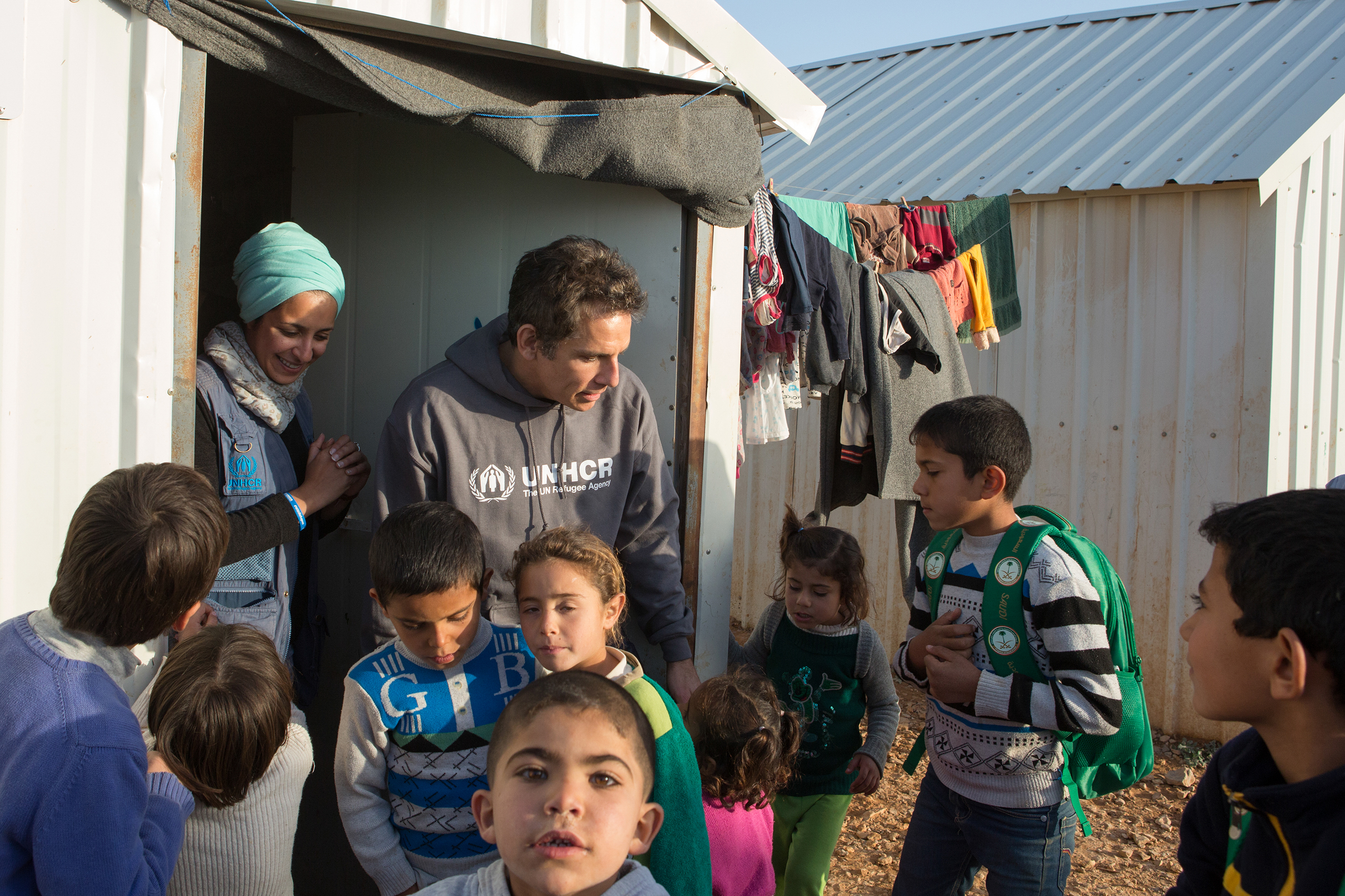 Ben Stiller meets Syrian refugee children in Jordan's Azraq refugee camp, where more than half of the 54,000 refugees registered there are children.