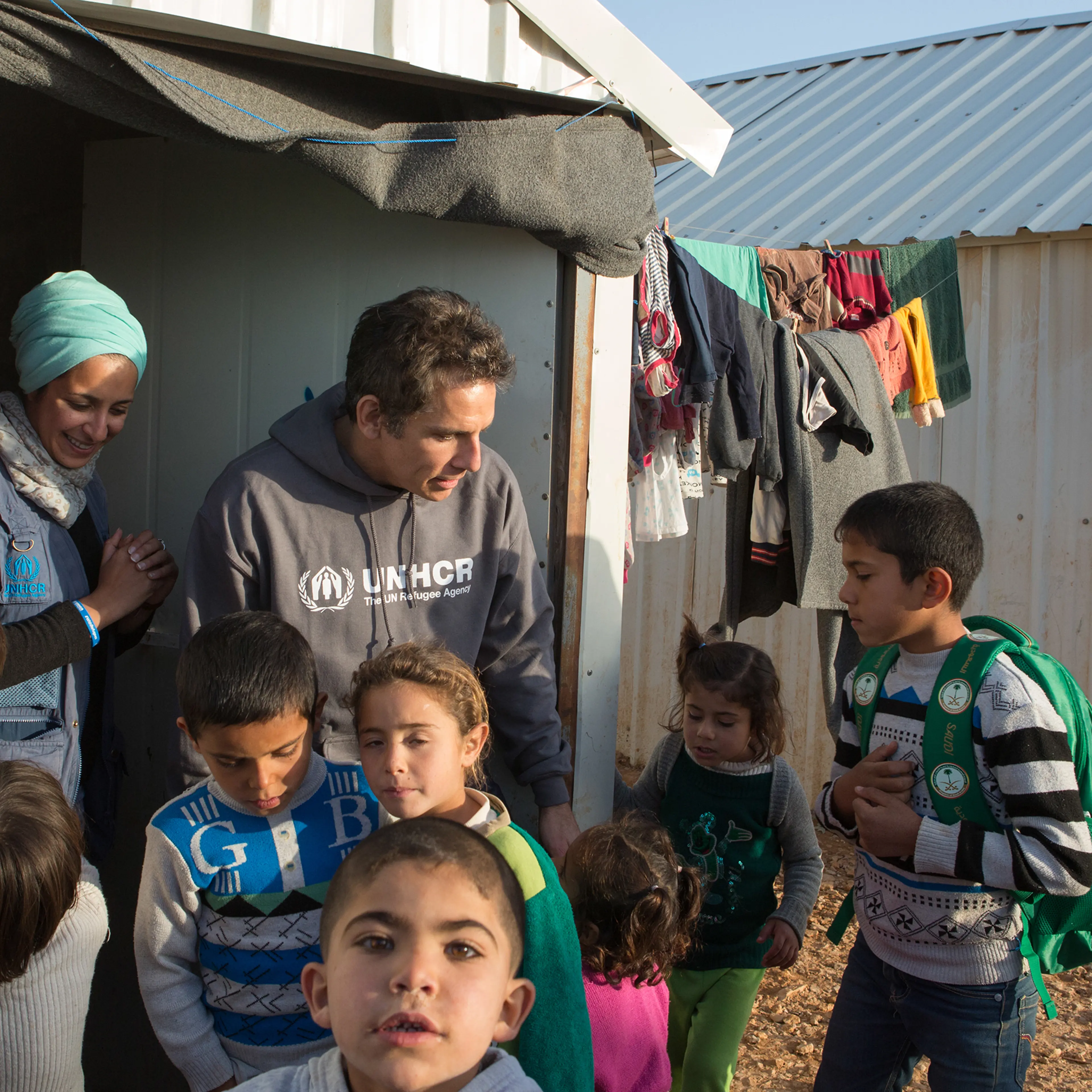 Ben Stiller meets Syrian refugee children in Jordan's Azraq refugee camp, where more than half of the 54,000 refugees registered there are children.