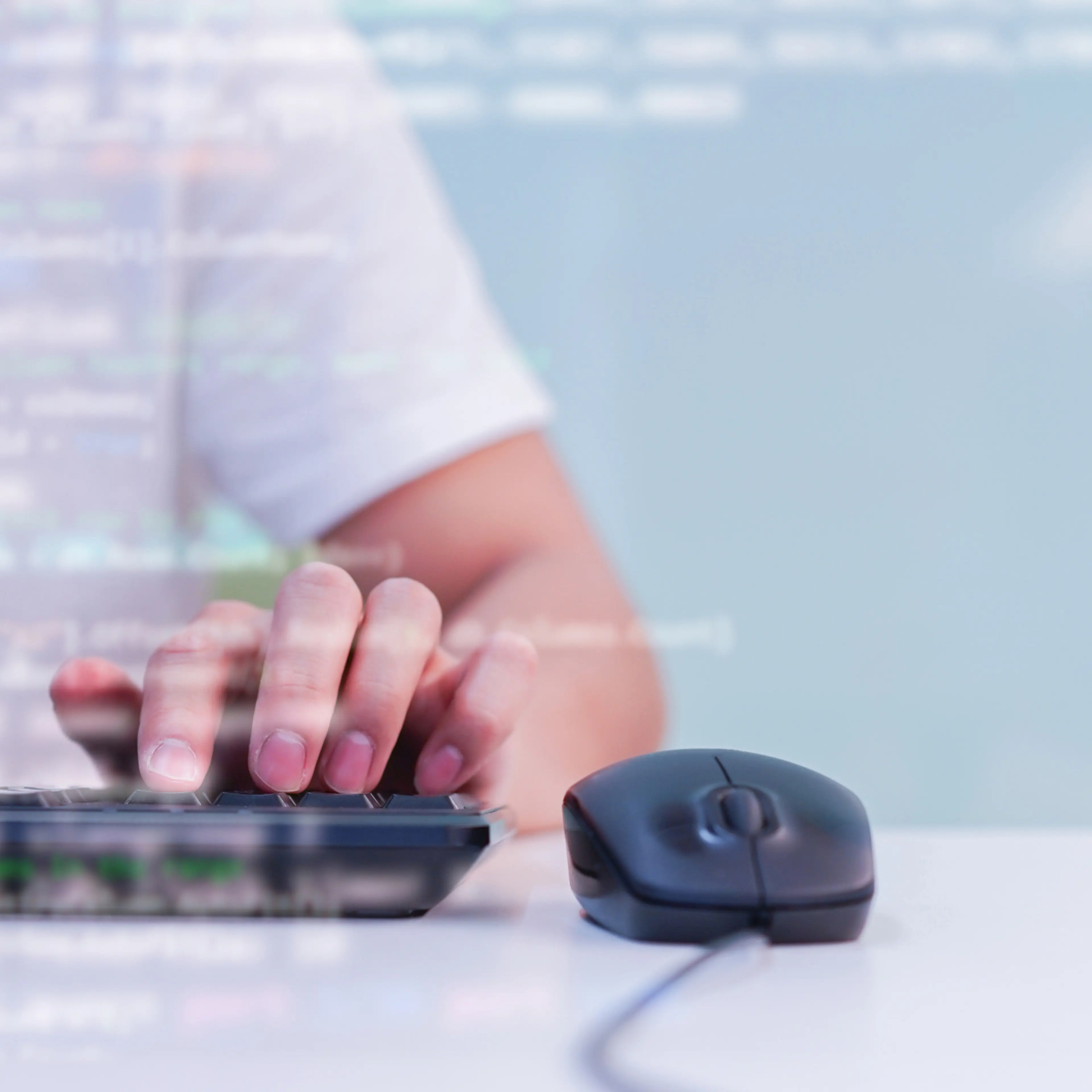 close up programmer man hand typing on keyboard at desktop pc to input code language into software for study bug and defect of system at office for development of technology concept