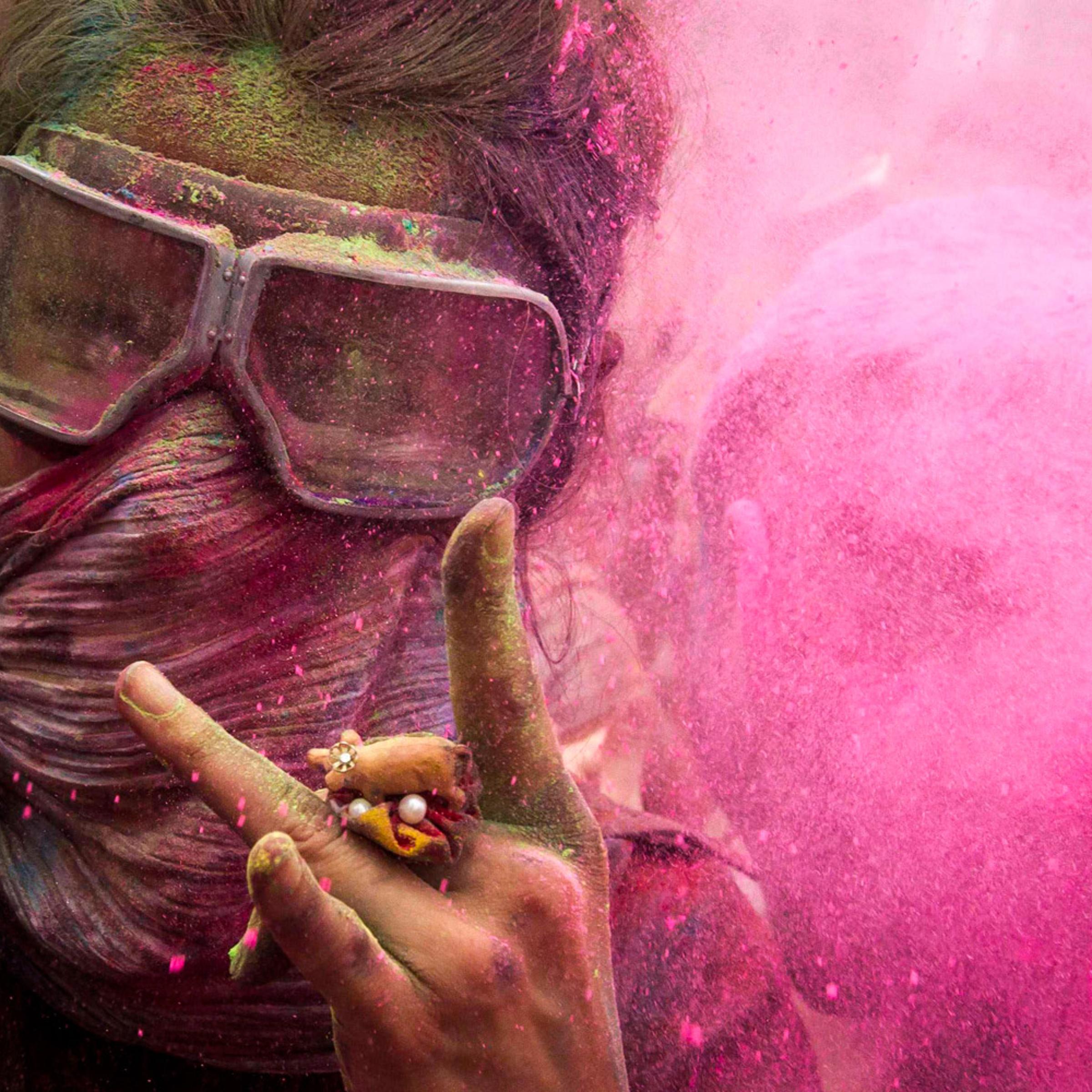 July 29, 2012. A woman gestures during the Holi festival in Berlin.