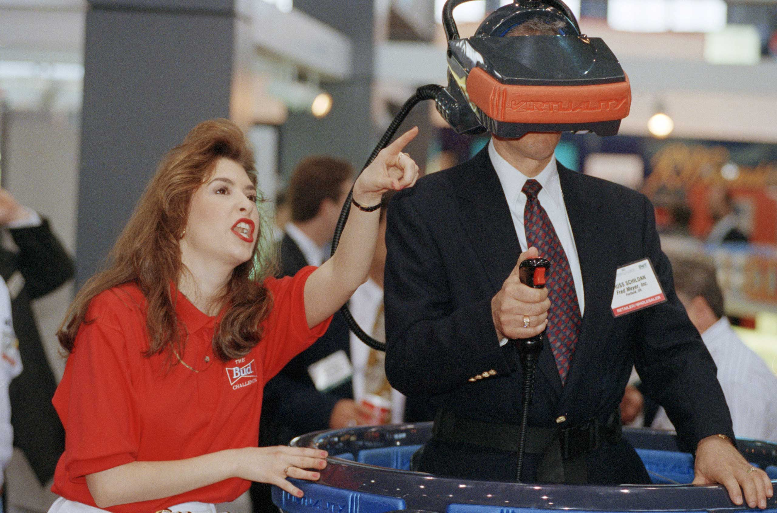 The 3-player Budweiser virtual reality mask at the Food Marketing Institute's International Supermarket Industry Convention and Educational Expostion in Chicago.