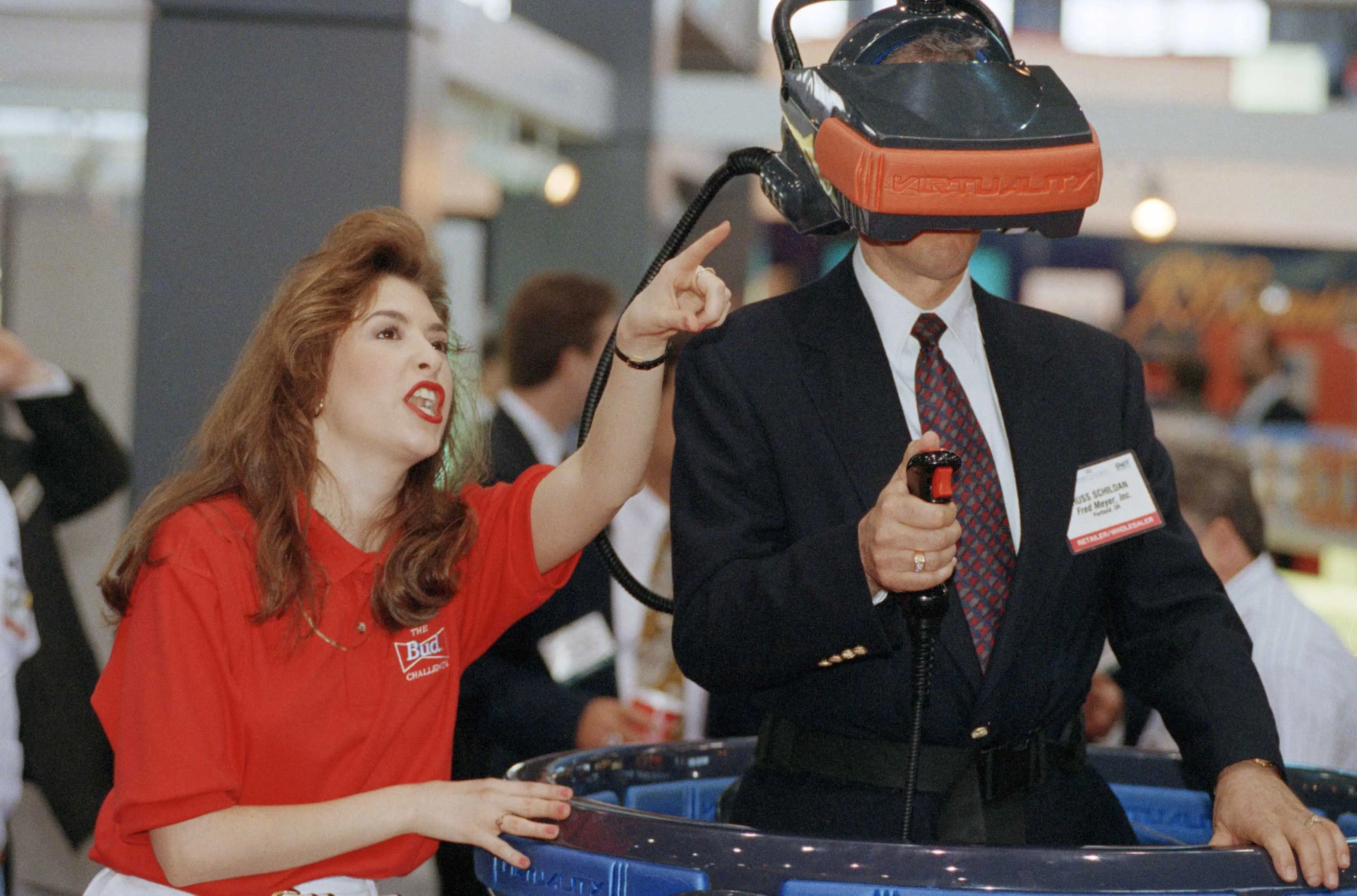 The 3-player Budweiser virtual reality mask at the Food Marketing Institute's International Supermarket Industry Convention and Educational Expostion in Chicago.